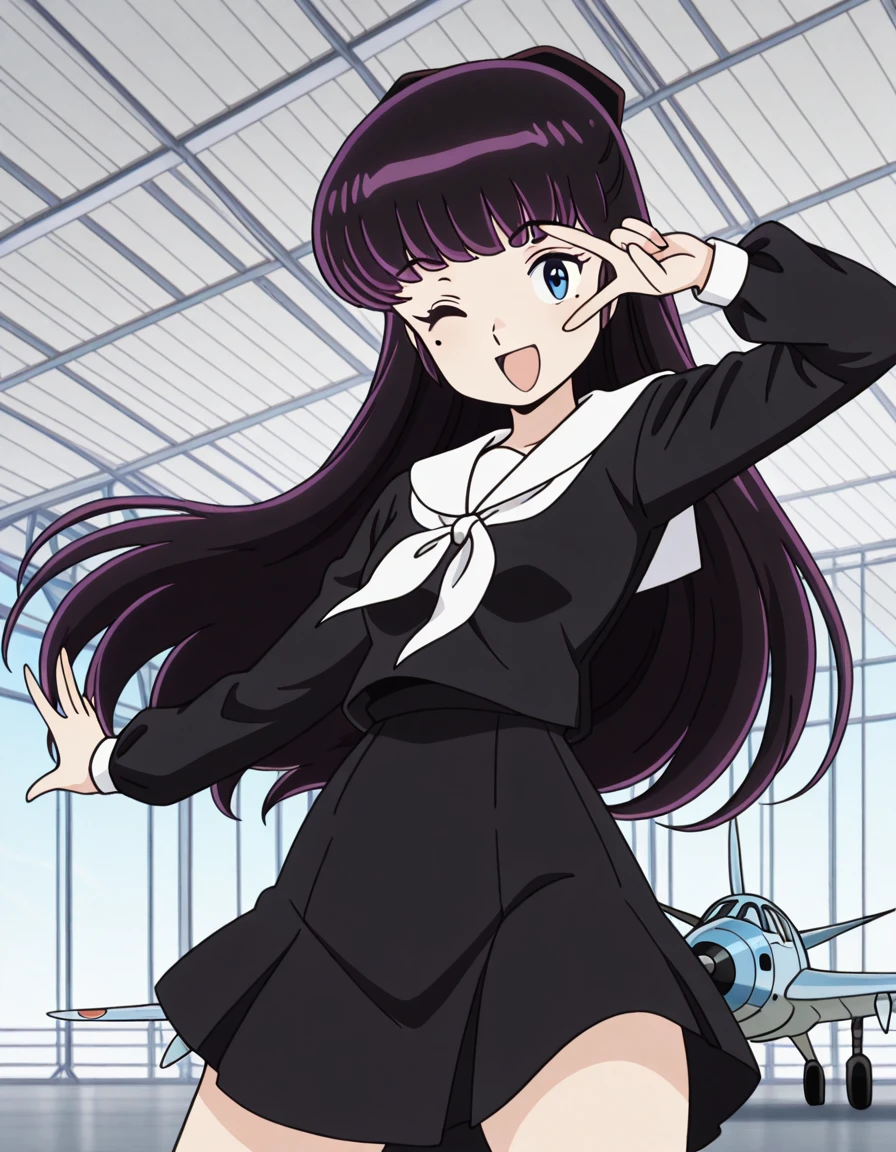 masterpiece, best quality, amazing quality,, <lora:ryouko-mendou-s1-illustriousxl-lora-nochekaiser:1>, ryouko mendou, long hair, blue eyes, purple hair, bow, hair bow, mole, mole under eye, mature female, small breasts, anime screencap, skirt, serafuku, shirt, black shirt, white sailor collar, long sleeves, black skirt, neckerchief, white neckerchief,, <lora:curemelody-pose-illustriousxl-lora-nochekaiser:1>, curemelody pose, solo, smile, open mouth, one eye closed, v, ;d, v over eye, hands up,, hangar, planes, large, storage, aviation, cowboy shot, solo, looking at viewer,