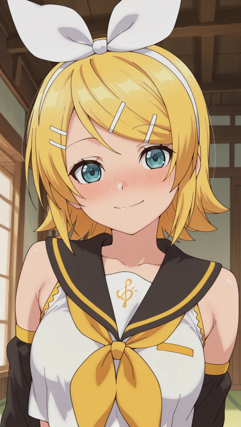 (masterpiece),best quality,amazing quality,very aesthetic,absurdres,newest,perfect body,shiny skin,perfect eyes,detail1eye,well-defined fingers,well-defined fingernails,anime style,indoors,1girl,solo,upper body,(portrait:1.5),looking at viewer,facing viewer,smile,blush,The Hidden Dungeon Only I Can Enter anime style,kagamine rin,short hair,blonde hair,floating hair,white hairband,hair bow,white bow,hairclip,swept bangs,blue eyes,collarbone,bare shoulders,black sailor collar,white shirt,sleeveless shirt,crop top,midriff,yellow neckerchief,black sleeves,detached sleeves,medium breasts,<lora:Kagamine Rin(voc)-Illus-Remake:1.6>,<lora:The Hidden Dungeon Only I Can Enter anime[style]-Illus:2.8>,