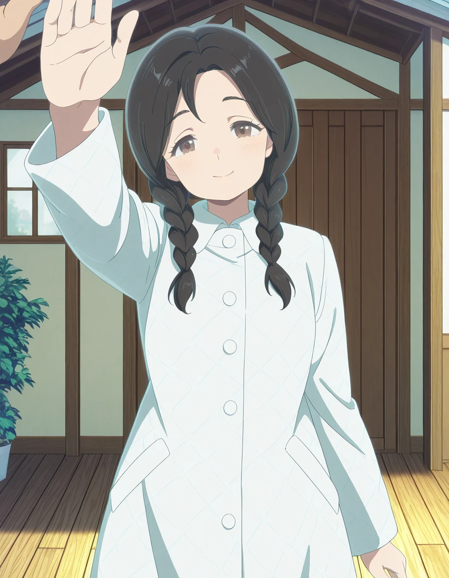 masterpiece, best quality, amazing quality,, <lora:urusei-yatsura-nozomi-s2-illustriousxl-lora-nochekaiser:1>, nozomi, long hair, black hair, braid, twin braids, brown eyes, mature female, small , anime screencap, coat, white coat, long sleeves,, <lora:incoming-headpat-illustriousxl-lora-nochekaiser:1>, incoming headpat, headpat, pov, outstretched arm, reaching, reaching towards viewer, looking at viewer, head tilt, closed eyes, smile, cowboy shot, house, home, family, rooms, yard, cowboy shot, solo, looking at viewer,