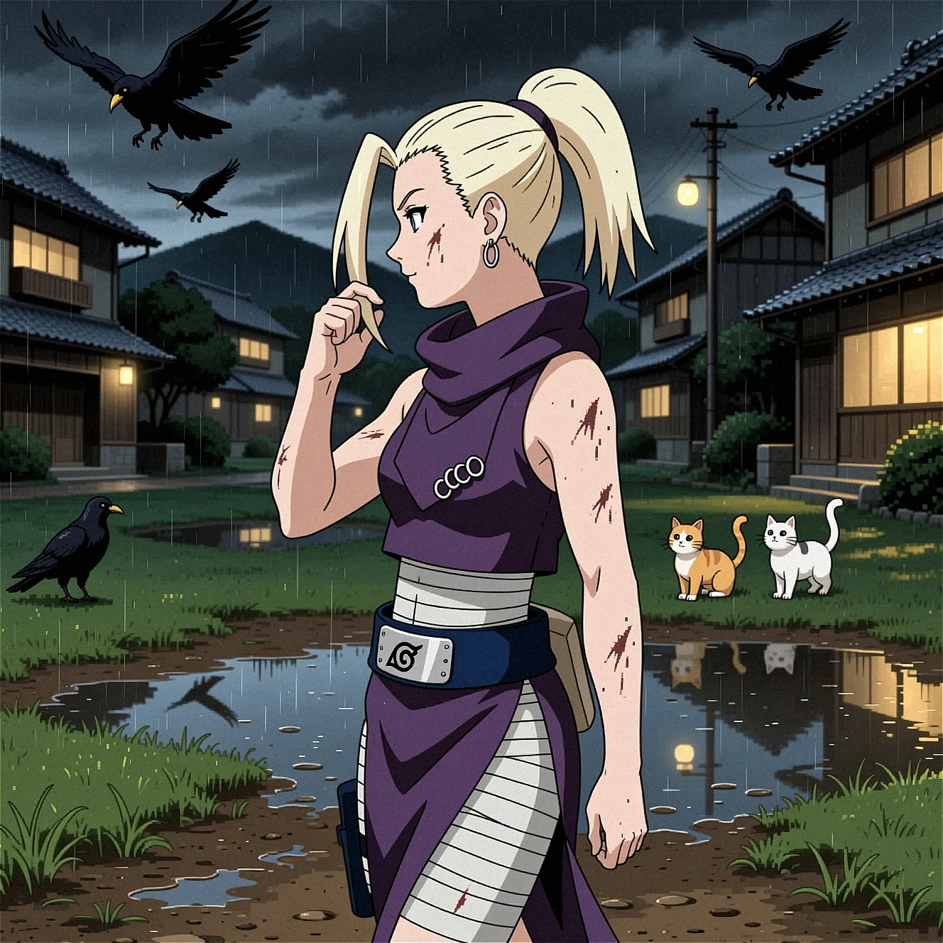 This meticulously detailed, upper body side profile from above anime-style illustration focusing on upper torso and face within a broad view of the environment; Ino Yamanaka, in a feudal japanese village outdoors in dim light, in the background is a residential area lit by shadows of dark clouds. There are a of crows and family of cats and kittens. Her ponytail is kept shoulder length. She is dressed in small silver hoop earrings, high-collared purple blouse with three small silver hoop rings attached to the right, purple skirt, belt with the leaf village symbol from the show naruto worn around her waste, bandages covering her abdomen and thighs stopping just above the knee. She is walking with her hand twirling her blonde bangs. She has noticeable scuff marks on her clothes and body as if she was in a intense battle. The background is puddles of water casting deep reflections from the rain. The grass blends green and brown hues, mix to a muddy substance. The image is rich in detail, with realistic textures and a play of light and shadow. After dark, illuminated by artificial light sources or very low natural light. Uses natural colors like browns, greens and ochres for an organic feel. emphasizes location and spatial relationships. The shot is framed from a side perspective, capturing Ino's profile Places the subjects upper torso directly in the middle of the frame for emphasis. Uses a focal length around 50mm to approximate human perspective. anime screenshot,
