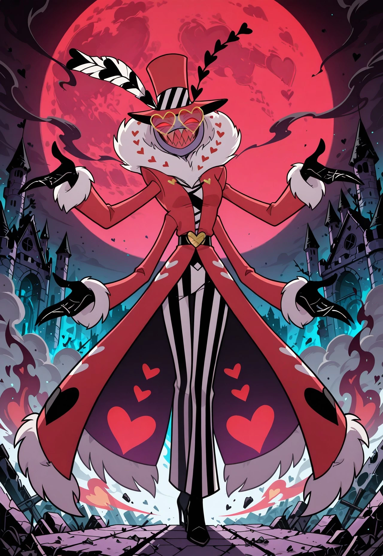 **Style** masterpiece, detailed_eyes, detailed, best quality, absurdres, 8k, HDR, high quality, very_awa, newest, vivid colors, very aesthetic, (dynamic:1.2), stylized, illustration, smooth edges, **Setting** castle ruins, flames on ruins, night, red moon, flying ashes, smoke at background, **Character** valentino_hh, purple skin, four arms, red eyes, sharp teeth, long fingers, sharp fingers, moth demon, fur collar with heart accents, red top hat,black gloves, heart-shaped glasses, gold glasses, (in-action pose:1.2), **Clothing** long red coat, fluffy white trim, black and white striped lining, black high heels, **Action** wide open arms, hands out of frame, looking at viewer, big smile, glowing eyes, dark aura, 3/4 shot, Smooth_Quality