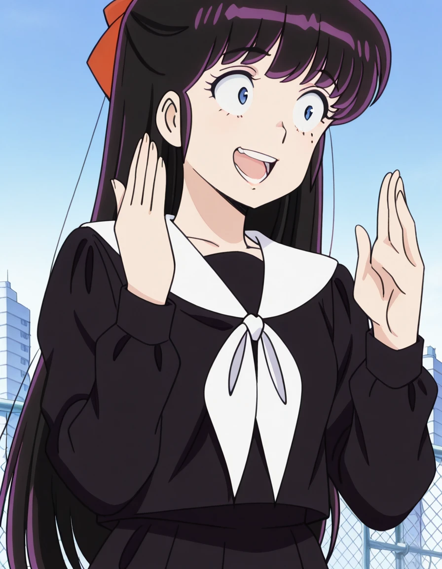masterpiece, best quality, amazing quality,, <lora:ryouko-mendou-s1-illustriousxl-lora-nochekaiser:1>, ryouko mendou, long hair, blue eyes, purple hair, bow, hair bow, mole, mole under eye, mature female, small , anime screencap, skirt, serafuku, shirt, black shirt, white sailor collar, long sleeves, black skirt, neckerchief, white neckerchief,, <lora:you-dense-mf-illustriousxl-lora-nochekaiser:1>, you dense mf, solo, smile, teeth, meme, hands up, wide-eyed, looking to the side, open mouth, rooftop, view, height, buildings, sky, cowboy shot, solo, looking at viewer,