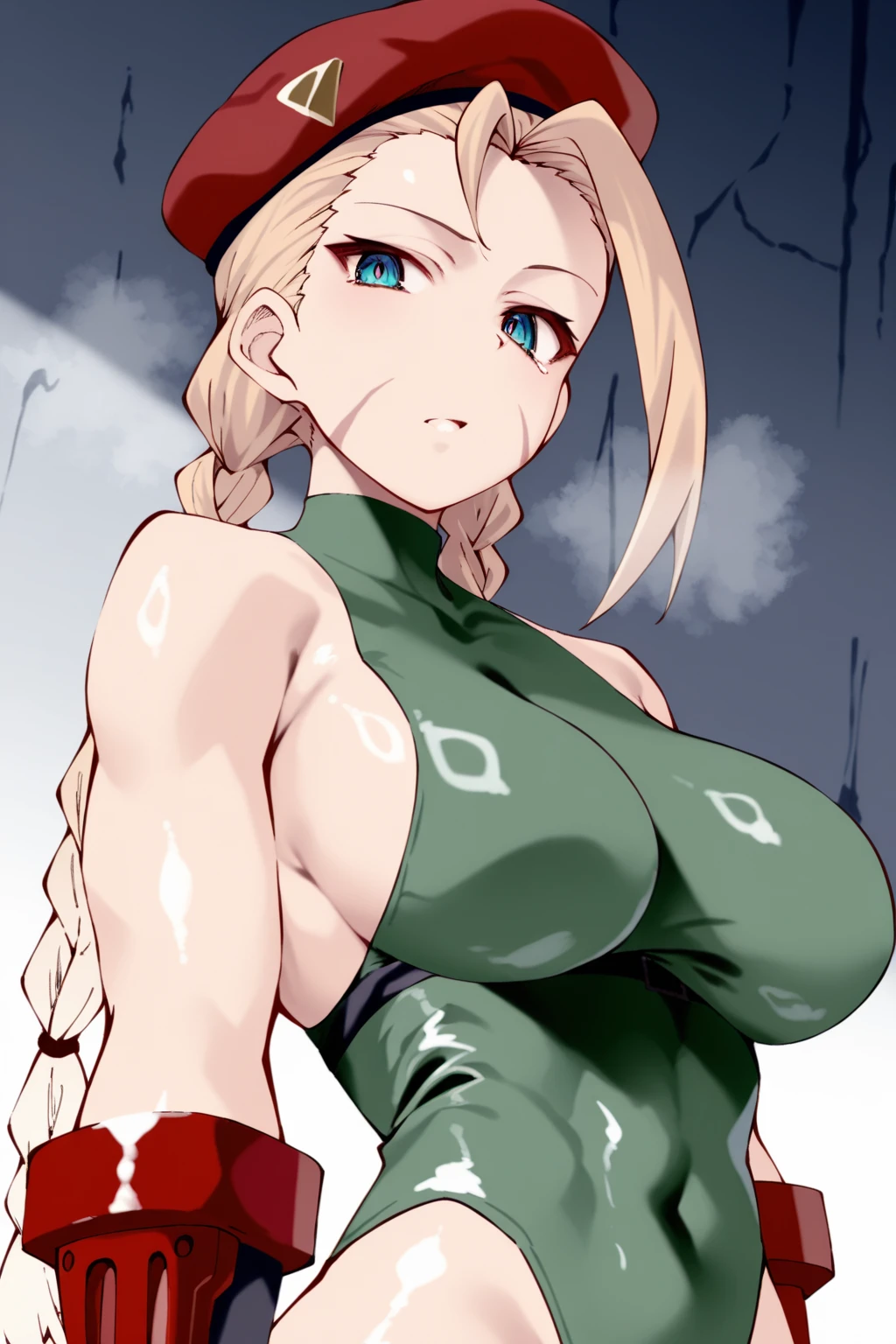 masterpiece,best quality,amazing quality, 1girl, solo, looking at viewer, shunichistyle,
cammy white, green leotard, bare shoulders, twin braids, red beret
<lora:shunichi:1>