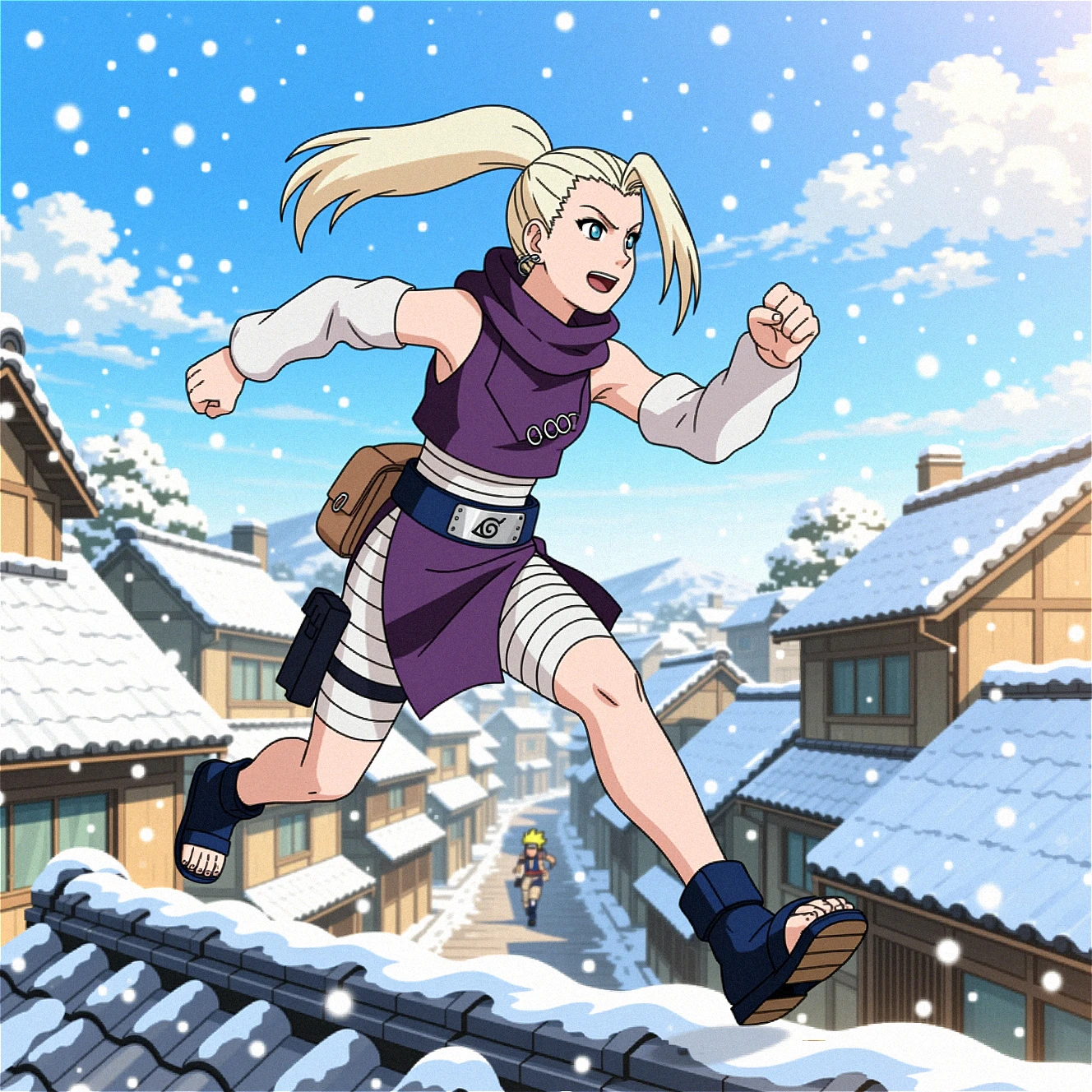 This dynamic anime screenshot captures Ino Yamanaka looking to the right in mid-stride, closed fist, as she runs gracefully across the snowy rooftops of a bustling snowy village, her movements fluid and full of energy. Her ponytail is kept long flowing just past her shoulders bangs covering the right side of her face. She is dressed in her signature purple outfit, small silver hoop earrings, high-collared purple blouse with three small silver hoop rings attached to the right, purple skirt, white arm warmers, belt with the leaf village symbol from the show naruto worn around her waste, bandages covering her abdomen and thighs stopping just above the knee, thigh holster on her right leg, brown pouch on her lower back and sandals.
Ino’s arms are outstretched for balance as she leaps from one long rooftop to another, her legs bent slightly at the knees to absorb the impact. Her eyes are sharp and determined, reflecting her focus on the other ninjas she is chasing. The background features a vibrant village scene with traditional buildings and narrow alleyways below, their tiled roofs providing the perfect path for her agile pursuit.
The sky above is dropping snow droplets, with soft clouds scattered across it, adding depth to the scene. The warm sunlight casts gentle shadows on the rooftops, highlighting Ino’s silhouette as she moves with precision and grace. The overall composition conveys a sense of excitement and determination, capturing the essence of her character in action.