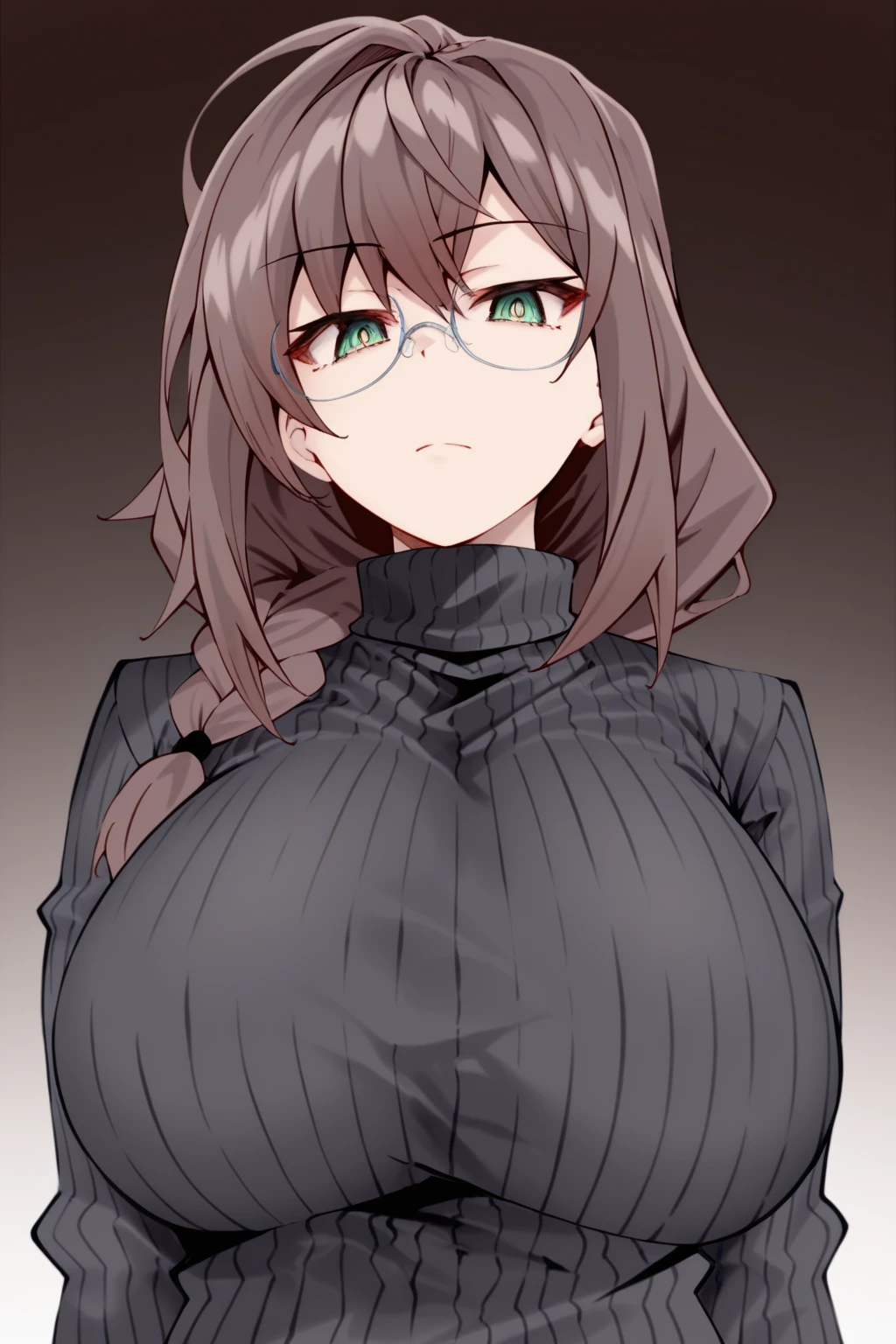 masterpiece,best quality,amazing quality, 1girl, solo, looking at viewer, shunichistyle,
brown hair, bangs, single braid, glasses, green eyes, expressionless, large breasts, black sweater, turtleneck, ribbed sweater
<lora:shunichi:1>