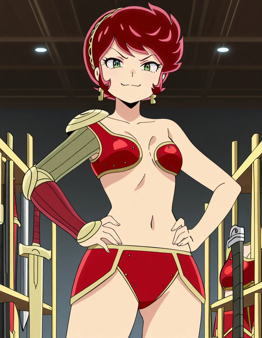 masterpiece, best quality, amazing quality,, <lora:urusei-yatsura-benten-s1-illustriousxl-lora-nochekaiser:1>, benten, short hair, green eyes, red hair, hairband, mature female, small breasts, anime screencap, armor, bikini armor,, smug, hands on own hip,, armory, weapons, armor, storage_racks, military, cowboy shot, solo, looking at viewer,