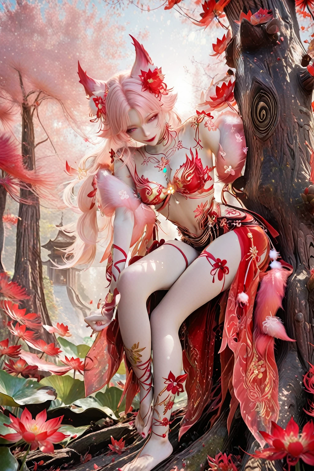 lazypos,IllusP0s,<lora:ç»ªå¿ åæ¶æå¾åå½±è´¨æå¢å¼ºV3:0.5>,<lora:detailed hand focus style illustriousXL v1:1>,detailed,<lora:illustrious_very_aesthetic_v1:0.5>,<lora:TrendCraft_The_Peoples_Style_Detailer-v2.4I-5_18_2025-Illustrious:0.6>,<lora:Smooth_Booster_v3:0.5>,
<lora:æ°¸å«æ é´çç²çSDXL:0.8>,yulinglong,1girl,jewelry,earrings,barefoot,red nails,anklet,nail polish,fox ears,animal ear fluff,cleavage,flower tattoo,lotus,ribbon,sheer fabric,midriff,(red dress:0.7),navel,hair flower,makeup,red_lips_,long_eyelashes,pink hair,long hair,red eyes,seductive_smile,
Fantasy background,central ancient towering tree,red silk fluttering,red spider lily field,small stones,cute creatures,dappled sunlight,glowing auras,cinematic lighting,8k,vivid magic,