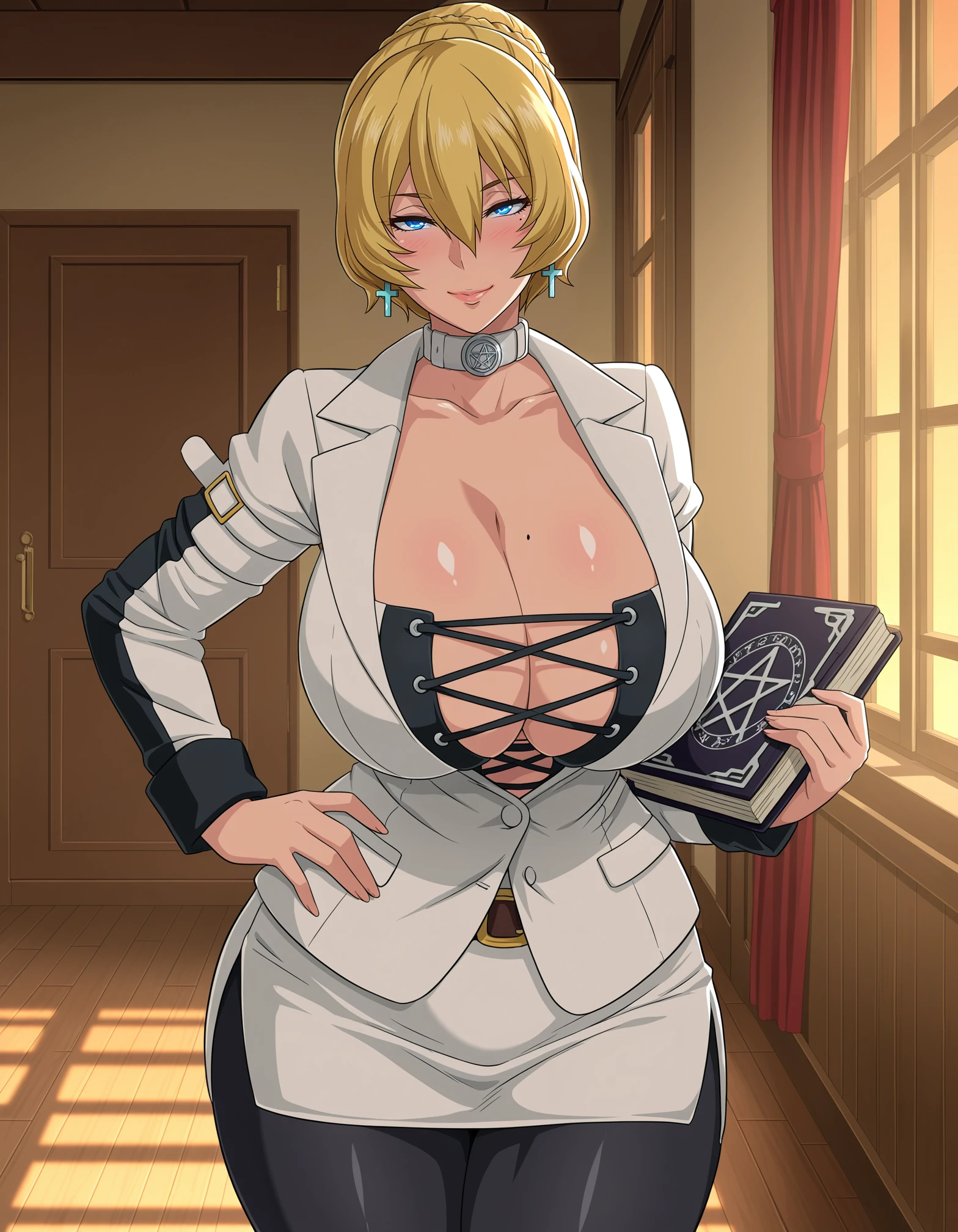 masterpiece, good quality, best quality, absurdres, highres, very awa, shiny skin, shadow, anime coloring, 5 fingers,
Nijou Shizue, standing, hand on own hip, holding book, grimoire, pentagram print on book, glowing book, cowboy shot, feet out of frame, legs together,
1girl, mature female,
looking at viewer, blush, light smile, naughty face,
blonde hair, short hair, single hair bun, braided bun, blue eyes, mole under eye, cross earrings,
white collar, white blazer, arm belt, belt, white skirt, miniskirt, black pantyhose, cross-laced corset,
curvy, huge breasts, thick thighs, cleavage,
indoors, room, evening, window,
<lora:Nijou Shizue NoobAIXL V-pred:1>