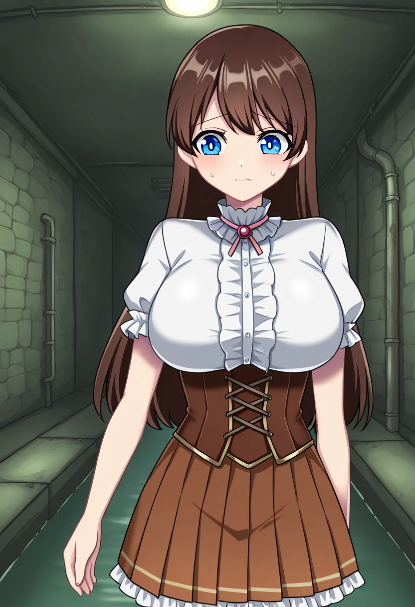 und3rgr0unds3w3r, underground, sewer, grimy water, ceiling lights, industrial pipe, 1girl, solo, hikarioparu, brown hair, long hair, blue eyes, bright pupils, white pupils, , magical girl, shirt, short sleeves, frills, center frills, short sleeves, turtleneck, neck ribbon, corset, pleated skirt, walking, sweatdrop, nervous,