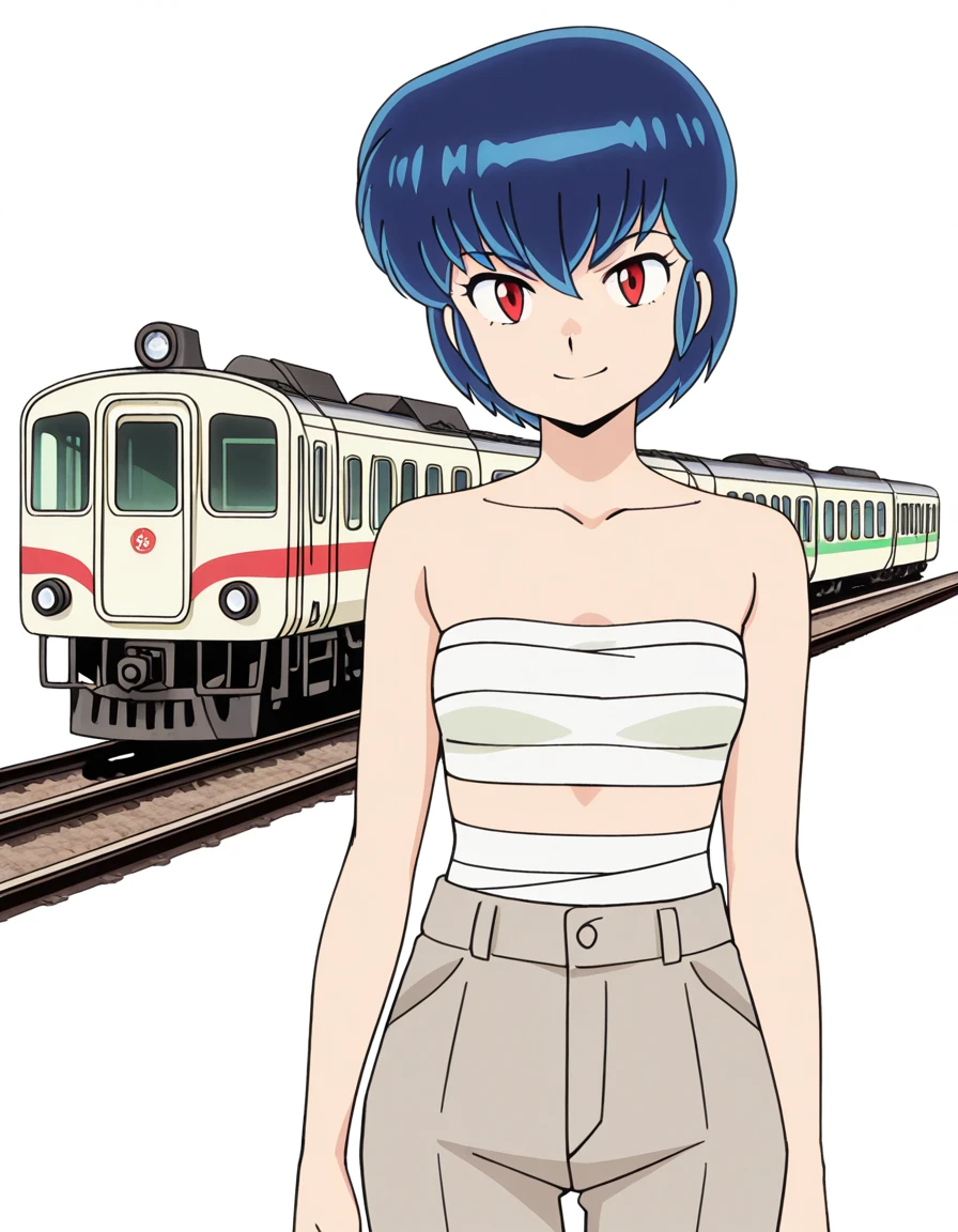 masterpiece, best quality, amazing quality,, <lora:ryuunosuke-fujinami-s1-illustriousxl-lora-nochekaiser:1>, ryuunosuke fujinami, short hair, blue hair, red eyes, mature female, small , anime screencap, sarashi, sarashi, pants, bandage, collarbone, shoulders, arms,, smile, railroad tracks, rails, train, journey, long, cowboy shot, solo, looking at viewer, <lora:transparent-background-illustriousxl-lora-nochekaiser:1>, transparent background, simple background, white background
