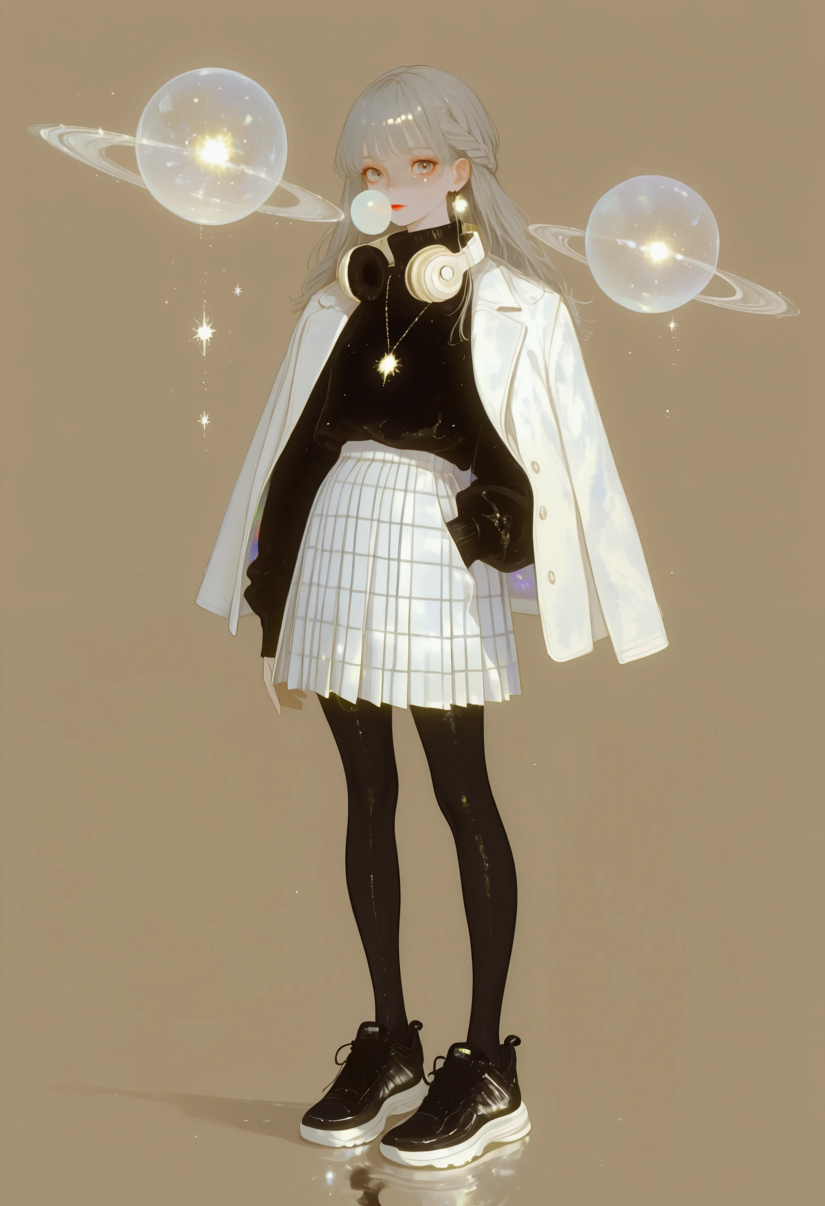 <lora:momowaaai-illustriousXL_v01_V9-CAME-000015>, 1girl, solo, surreal, jacket, bubble blowing, black pantyhose, closed mouth, jacket on shoulders, white skirt, shirt, turtleneck, necklace, jewelry, grey eyes, headphones, yellow sweater, earrings, red lips, sneakers, shoes, looking at viewer, full body, light smile, black footwear, long sleeves, braid, headphones around neck, long hair, pleated skirt, abstract, plaid skirt, plaid, grey hair, hand in pocket, white jacket, standing, brown background, sweater, pantyhose, skirt, turtleneck sweater, black shirt,