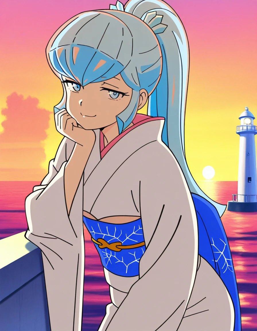 masterpiece, best quality, amazing quality,, <lora:urusei-yatsura-oyuki-s1-illustriousxl-lora-nochekaiser:1>, oyuki, long hair, blue eyes, blue hair, ponytail, mature female, small breasts, anime screencap, japanese clothes, kimono, sash, white kimono, obi,, head rest, smug, lighthouse, light, sea, tall, guidance, cowboy shot, solo, looking at viewer,