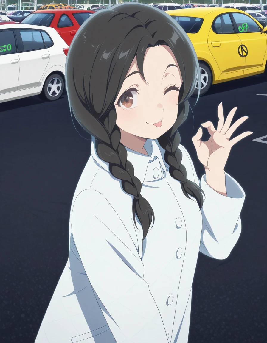 masterpiece, best quality, amazing quality,, <lora:urusei-yatsura-nozomi-s2-illustriousxl-lora-nochekaiser:1>, nozomi, long hair, black hair, braid, twin braids, brown eyes, mature female, small breasts, anime screencap, coat, white coat, long sleeves,, <lora:money-gesture-illustriousxl-lora-nochekaiser:1>, money gesture, smile, tongue out, looking at viewer, money eyes, sparkling, ok sign, one eye closed, upper body, money, yen sign, dollar sign, hand up,, parking lot, cars, asphalt, spaces, open, cowboy shot, solo, looking at viewer,