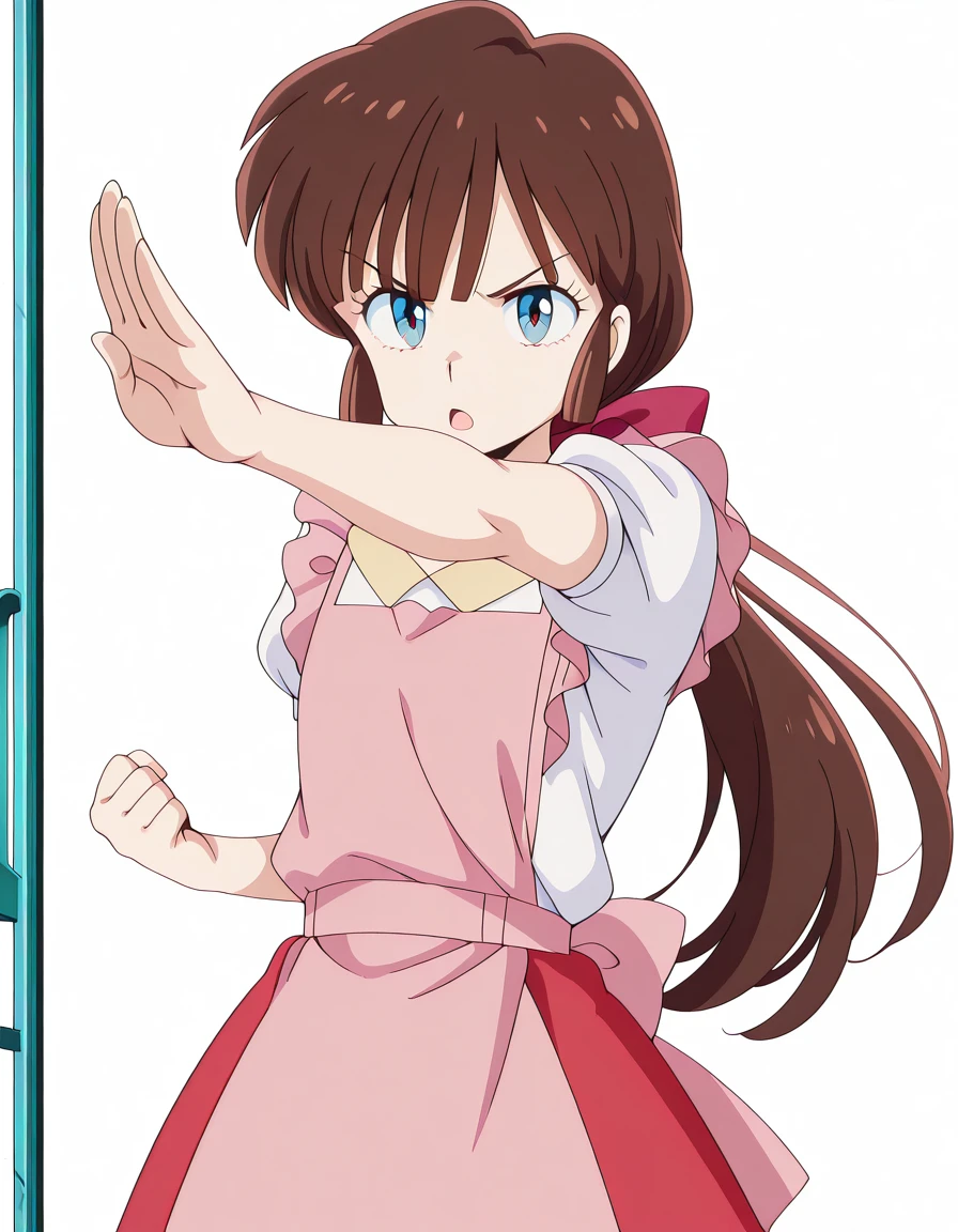 masterpiece, best quality, amazing quality,, <lora:nagisa-shiowatari-s2-illustriousxl-lora-nochekaiser:1>, nagisa shiowatari, long hair, bangs, brown hair, bow, ponytail, hair bow, blue eyes, otoko no ko, anime screencap, short sleeves, apron, puffy sleeves, skirt, red skirt, shirt, white shirt, collarbone,, <lora:henshin-pose-illustriousxl-lora-nochekaiser:1>, henshin pose, solo, looking at viewer, clenched hand, hands up, serious, open mouth, cowboy shot,, phone booth, glass, phone, street, retro, cowboy shot, solo, looking at viewer, <lora:transparent-background-illustriousxl-lora-nochekaiser:1>, transparent background, simple background, white background