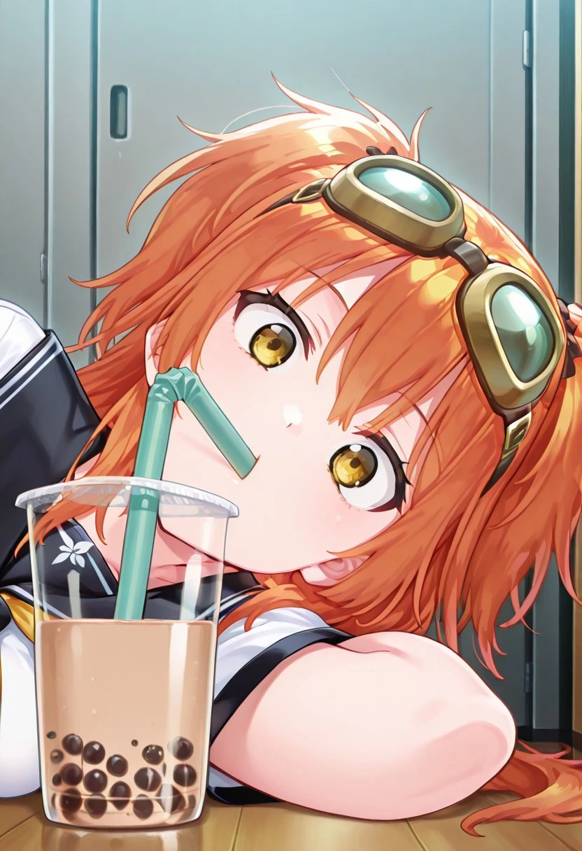 masterpiece, best quality, amazing quality, absurdres, newest, very awa, beautiful eyes, 
1girl, solo, 
victoria_esta, 1girl, yellow eyes, orange hair, long hair, twintails, messy hair, goggles on head,
school uniform, serafuku, short sleeves, 
<lora:airashiratori-drinking-milk-tea-illustriousxl-lora-nochekaiser:1>, airashiratori drinking milk tea, solo, looking at viewer, upper body, cup, meme, drinking straw, drinking, bubble tea, on side, on floor,, , ,
