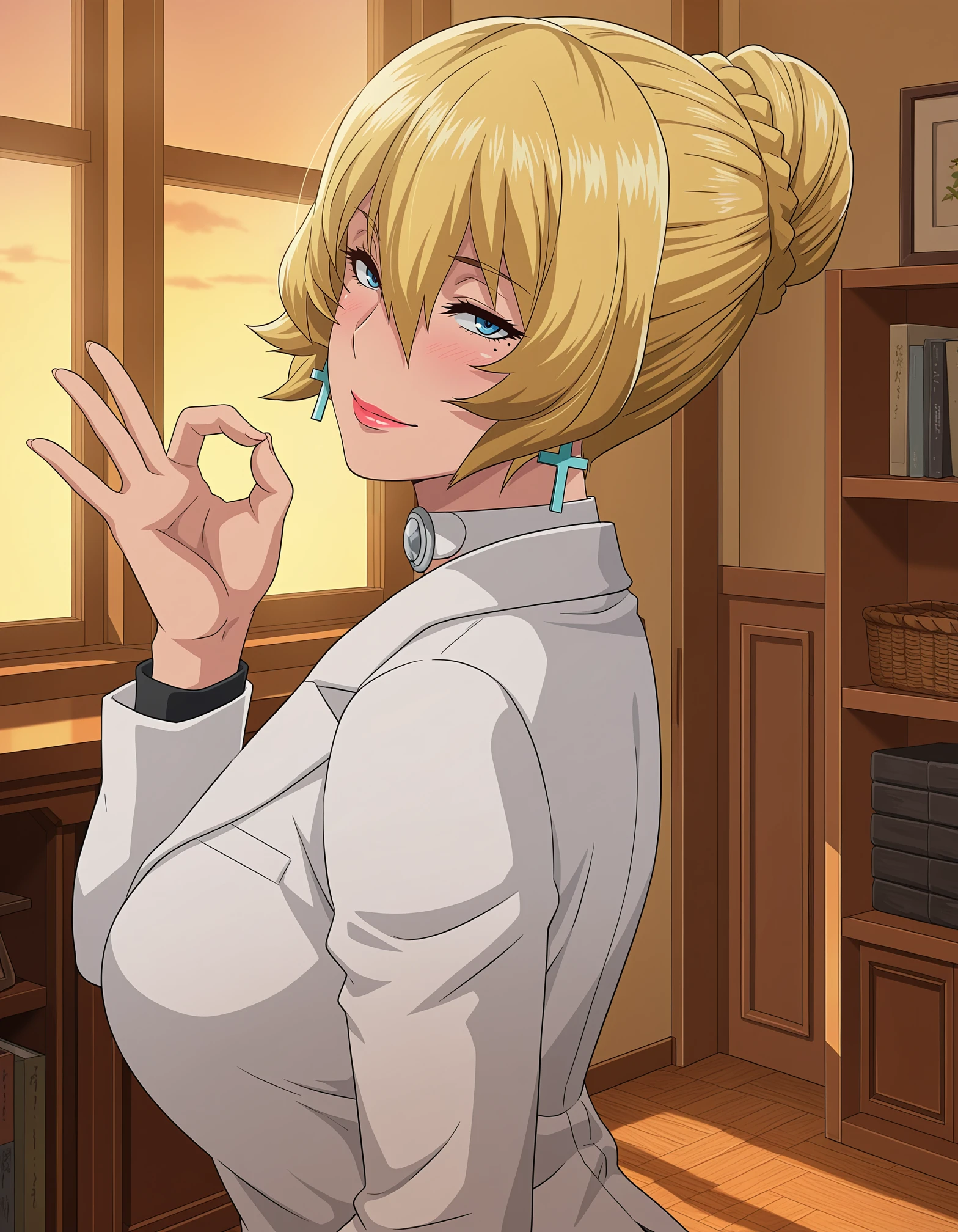 masterpiece, good quality, best quality, absurdres, highres, very awa,  shadow, anime coloring, 
Nijou Shizue, standing, from side, ok sign, 
1girl, mature female,
looking at viewer, blush, light smile, turning head, head tilt, lipstick,
blonde hair, short hair, single hair bun, braided bun, blue eyes, mole under eye, cross earrings,
white collar, white blazer, 
indoors, room, evening, window, shelf
<lora:Nijou Shizue NoobAIXL V-pred:1>