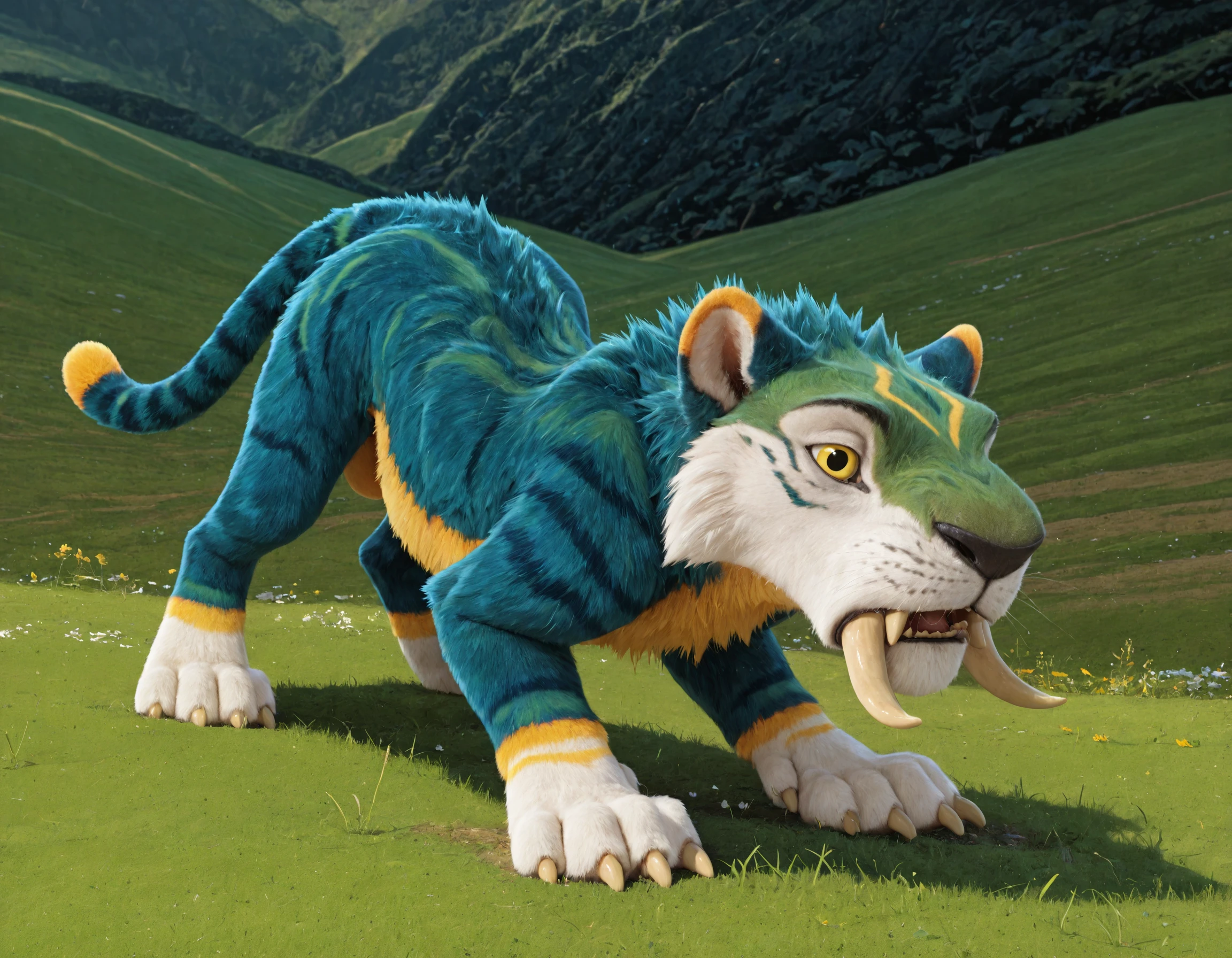 masterpiece, best quality, amazing quality, very aesthetic, high resolution, ultra-detailed, male, males only, male focus, , Macawnivore, , furry body, tail, white fur face , white fur paws, dark blue stripes, green marks on head, yellow eyes, yellow belly , grass, day time, Background, looking at view