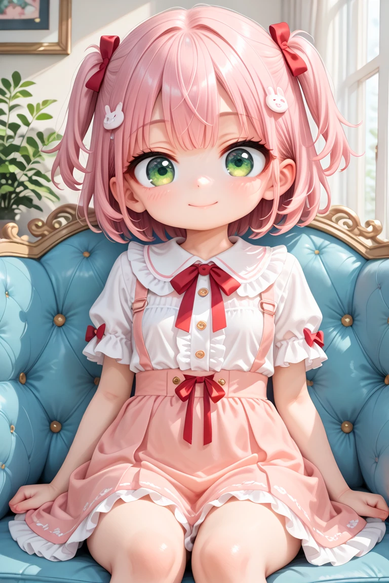 masterpiece, best quality, amazing quality, very aesthetic, absurdres,
cute round face, slender, detailed eyes, detailed hair, kawaii,
perfect symmetrical face, ultra cute girl, ultra cute face, ultra detailed eyes, ultra detailed hair, ultra cute, ultra beautiful,
1girl, solo,
Intricate details, Extremely detailed, Outstanding intricacies, Absurdres absolutely resolution, Serene atmosphere,
Portrait, Face focus, shooting from front,
smile, closed mouth, Looking at viewer,
sitting on blue sofa, White ruffled blouse, saxe-blue ribbon tie, short ruffled sleeves and long layerd skirt,
Fashionable cafe living room, Decorative plants, Pastel cute sofa, Pastel cute curtains, Pastel cute wallpaper,
red ribbon on hair, short hair, pink hair, green eyes, two side up
