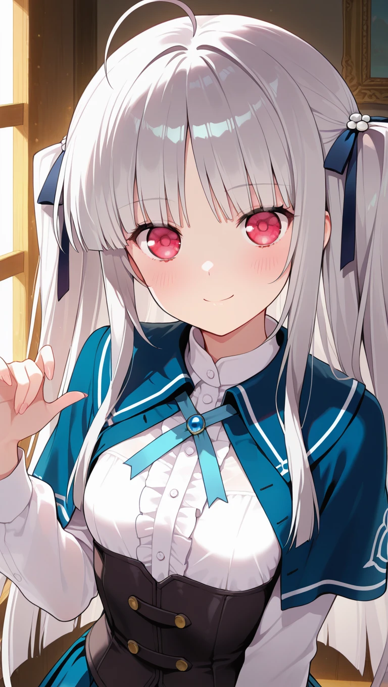 (masterpiece),best quality,amazing quality,very aesthetic,absurdres,newest,perfect body,shiny skin,perfect eyes,detail1eye,well-defined fingers,well-defined fingernails,anime style,indoors,1girl,solo,upper body,(portrait:1.5),looking at viewer,facing viewer,smile,blush,(petite:1.2),Julie Sigtuna,ahoge,very long hair,grey hair,black hair ribbon,two side up,sidelocks,blunt bangs,fuchsia eyes,blue capelet,neck ribbon,blue ribbon,white shirt,center frills,long sleeves,black corset,buttons,blue skirt,pleated skirt,frills,<lora:Julie Sigtuna(ad)-Illus:2.6>,