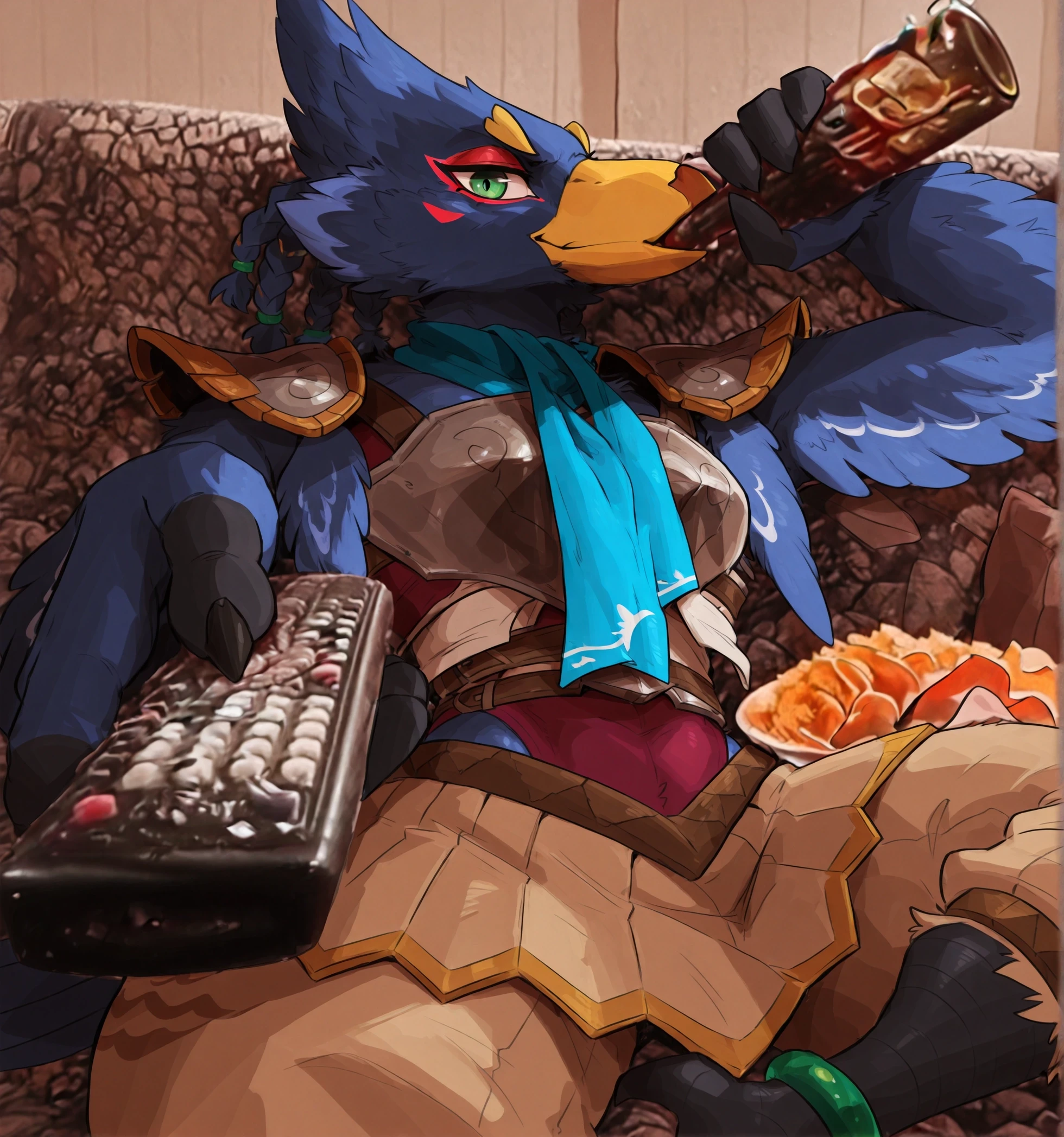 digital artwork, masterpiece, high detailed, best quality, high res, very aesthetic, absurdres, artistic, amazing quality, vibrant colors, high resolution, ultra-detailed, absurdres, newest
1boy, <lora:Revali:1.0> R3v4l1, anthro avian, furry, anthro male, 1boy, green eyes, red eyeliner, blue feathers, yellow beak, black talons, Beige thighs, red top, blue scarf, long scarf, pauldrons, breastplate, tan skirt, anklet, lithe, twink
<lora:Beer Remote:1> mikus-concept, lounging, reclined, drinking, remote control, bottle, chips, raised brow