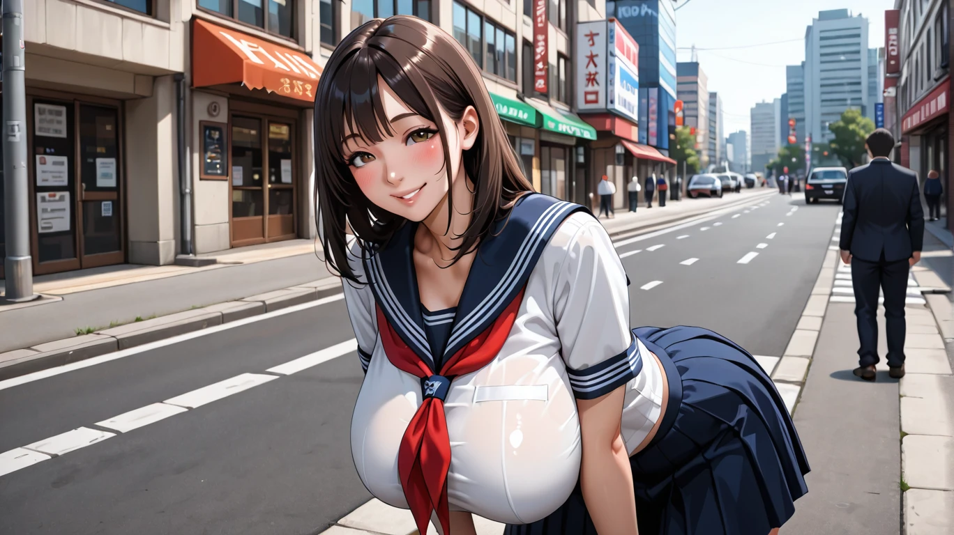 1girl, , serafuku, leaning forward, smile, on street, public