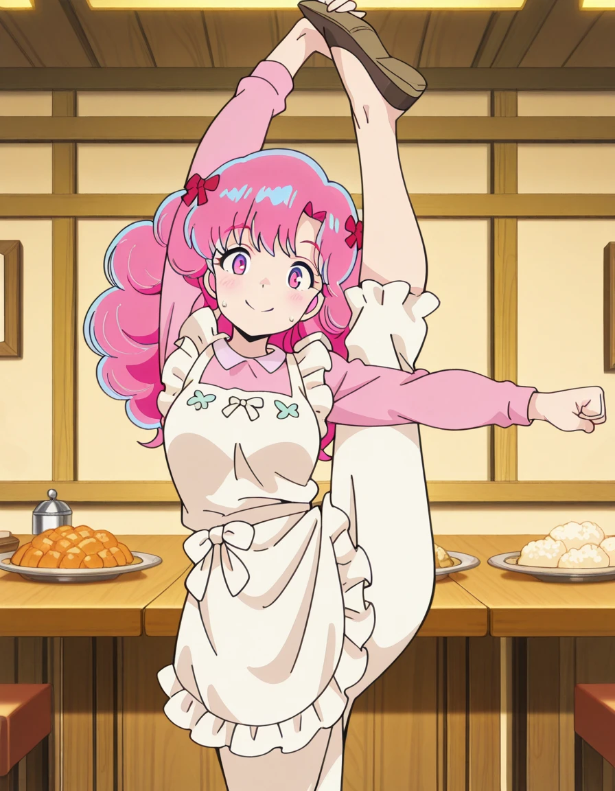 masterpiece, best quality, amazing quality,, <lora:urusei-yatsura-ran-s1-illustriousxl-lora-nochekaiser:1>, ran, long hair, bangs, pink hair, bow, hair bow, red bow, pink eyes, mature female, small , anime screencap, long sleeves, apron, white apron, shirt, pink shirt, frills, long sleeves,, <lora:bow-and-arrow-pose-illustriousxl-lora-nochekaiser:1>, bowandarrow pose, solo, looking at viewer, blush, smile, standing, sweat, arm up, arms up, leg up, standing on one leg, leg lift, stretching, split, standing split, flexible,, restaurant, tables, food, waiters, guests, cowboy shot, solo, looking at viewer,
