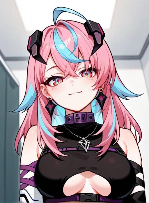 (Masterpiece), (high quality), (high res), (good quality), score_9, score_8_up, score_7_up, <lora:Emikukisil-10:0.8>,Emikukis,pink freckless, red eyes, multicolored eyes, pink hair, blue hair, two-tone hair, long hair, streaked hair, sidelocks, hair between eyes, bangs, ahoge, horns, earrings, , purple collar, spider necklace, black crop top, underboob cutout, arm ribbon, (single mechanical arm), black arm warmer, solo, (portrait, upper body), solo focus, smile, looking at viewer, indoors