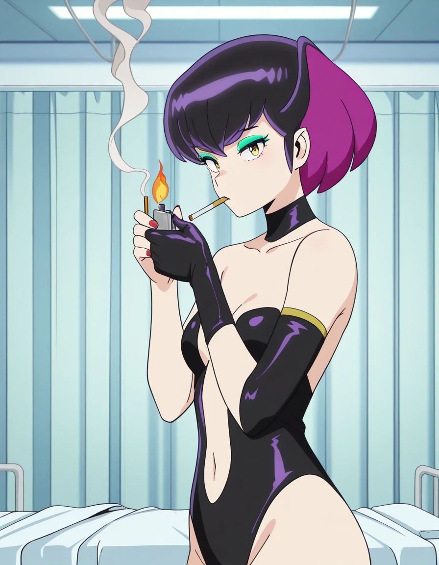 masterpiece, best quality, amazing quality,, <lora:urusei-yatsura-kurama-s1s2-illustriousxl-lora-nochekaiser:1>, kurama, short hair, black hair, yellow eyes, purple hair, multicolored hair, makeup, eyeshadow, mature female, small breasts, anime screencap, gloves, navel, elbow gloves, nail polish, leotard, black leotard, red nails, single glove, collarbone, bare shoulders,, <lora:lighting-cigarette-illustriousxl-lora-nochekaiser:1>, lighting cigarette, lighter, holding lighter, cigarette, smoking, fire, smoke, holding, upper body, from side,, hospital room, bedside, get well flowers, comforting, quiet, cowboy shot, solo, looking at viewer,