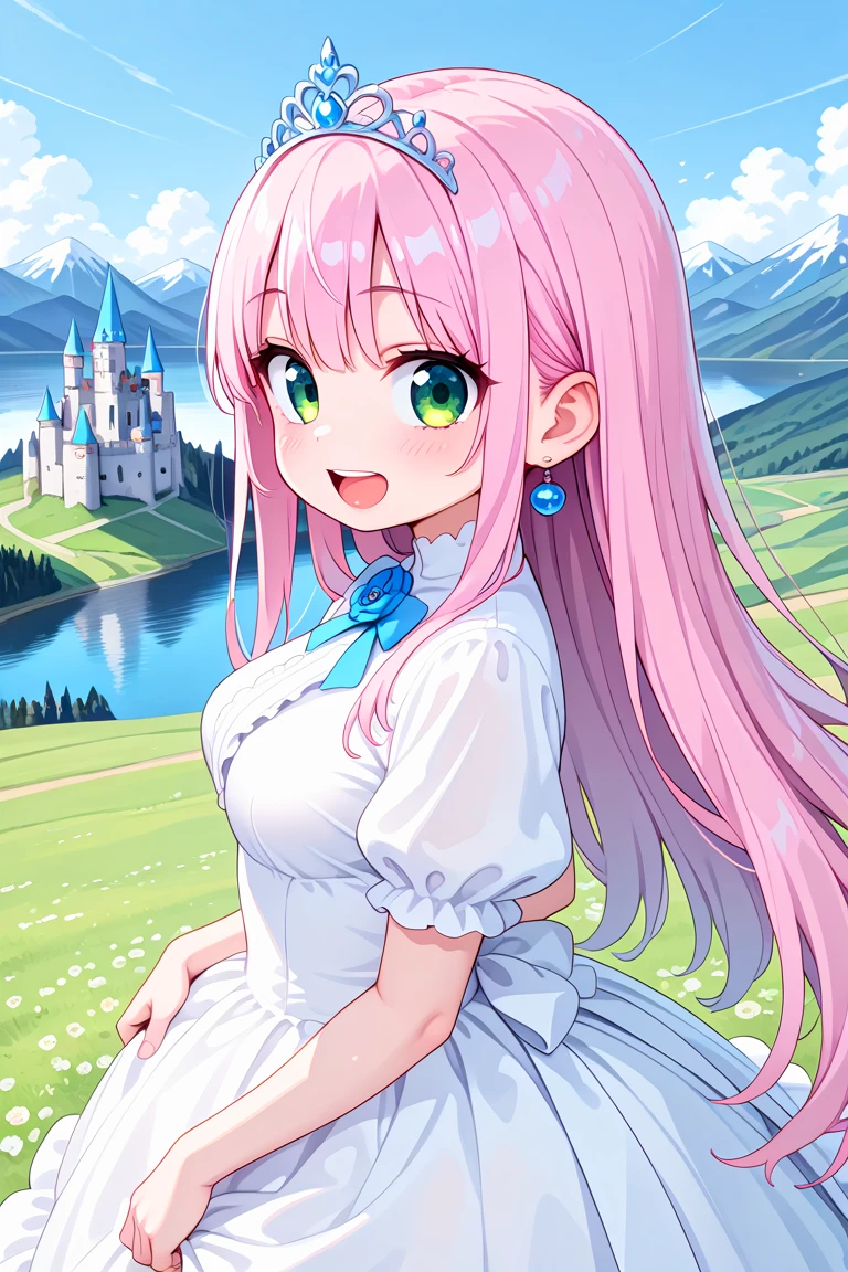 masterpiece, best quality, amazing quality, very aesthetic, absurdres,
cute round face, slender, ultra detailed eyes, ultra detailed hair, ultra beautiful,
1girl, solo, princess, wearing princess dress, tiara,
happy smile, laugh, open mouth,
standing, looking at viewer, cowboy shot, from side,
slender, kawaii, perfect symmetrical face, ultra cute girl, ultra cute face, ultra detailed eyes, ultra detailed hair, ultra cute, ultra beautiful,
fantasy world, (castle, lake:1.2), mountainscape, daylight, very wide, panorama view, sense of depth, magnificent view, photographical real background,
princess girl, pink hair, green eyes, medium breasts, natural lighting