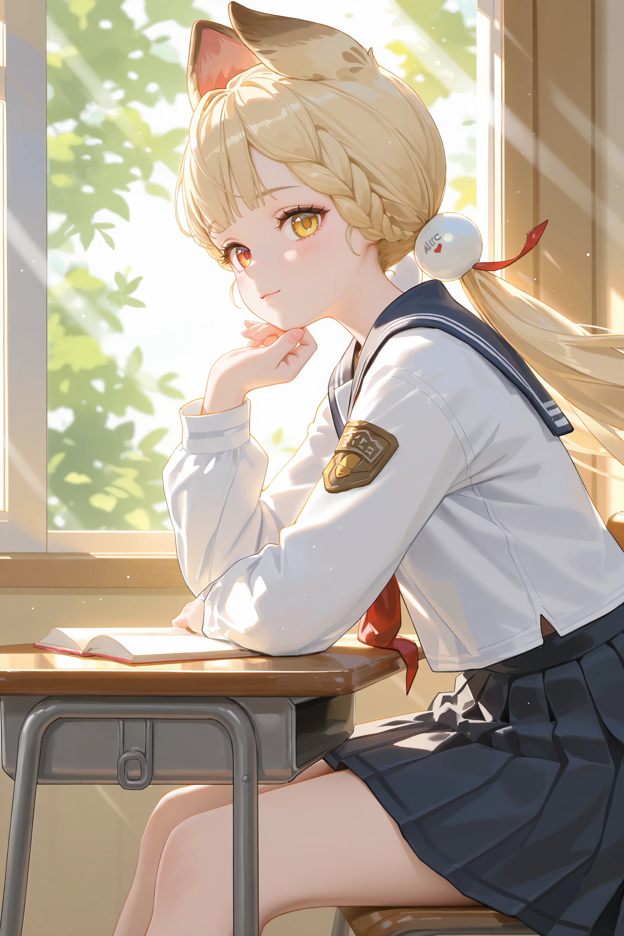 1girl, solo, alice thymefield, heterochromia, solo, braided bangs, twintails, hair bobbles, school uniform, serafuku, white shirt, long sleeves, sailor collar, pleated skirt, sitting, school desk, school chair, hand on own chin, from side, looking at viewer, light smile, blush, window, floating hair, sunbeam, depth of field <lora:Char-ZZZ-Alice-V1-IL:0.9:hr=0.6>, (fkey:0.5), (fuzichoco:0.6), ningen mame, sho lwlw, (rhasta:0.9), (wlop:0.7), (ke-ta:0.6), chen bin, (hyouuma:0.8)
masterpiece, best quality, amazing quality, very awa,absurdres,newest,very aesthetic, highres, (scenery, volumetric lighting), (high contrast, photorealistic, realistic, realistic shading), (chiaroscuro:0.5), <lora:IL-Dramatic_Lighting_Slider:2.5:hr=0>