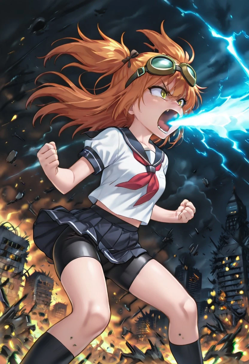masterpiece, best quality, 1girl, solo, eyelashes, (beautiful eyes),
victoria_esta, yellow eyes, orange hair, long hair, twintails, messy hair, goggles on head, cute fang,
floating hair, clenched fists, fighting stance, open mouth, roaring, angry,
School uniform, serafuku, short sleeves, pleated skirt, bike shorts, feet out of frame, kneehigh socks, floating clothes, windy,
hyp3rB34m, blue beam, atomic breath, blue fire, blue light, building, cityscape, destruction, electricity, energy, glowing, chromatic aberration, animal focus <lora:HyperBeam_IXL_v1:1.0>,
