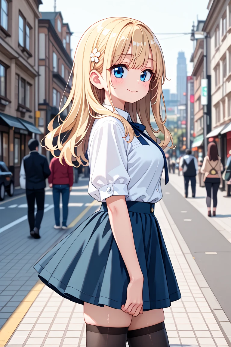 <lora:hotarueye_xl_hosome1_v30:0>, masterpiece, best quality, amazing quality, very aesthetic, absurdres,
cute round face, slender, detailed eyes, detailed hair, kawaii,
1girl, solo, solo focus, (mature:0.5),
from side,
a candid street photo, best shadow, an extremely delicate and beautiful, gleaming skin, cowboy shot,
street, cityscape, blurry background, scenery, photo background, blurry background,
standing, model pose, smile, medium breasts,
street fasion, casual fashion, harajuku fashion, wearing skirt, zettai ryouiki,
blonde hair, blue eyes