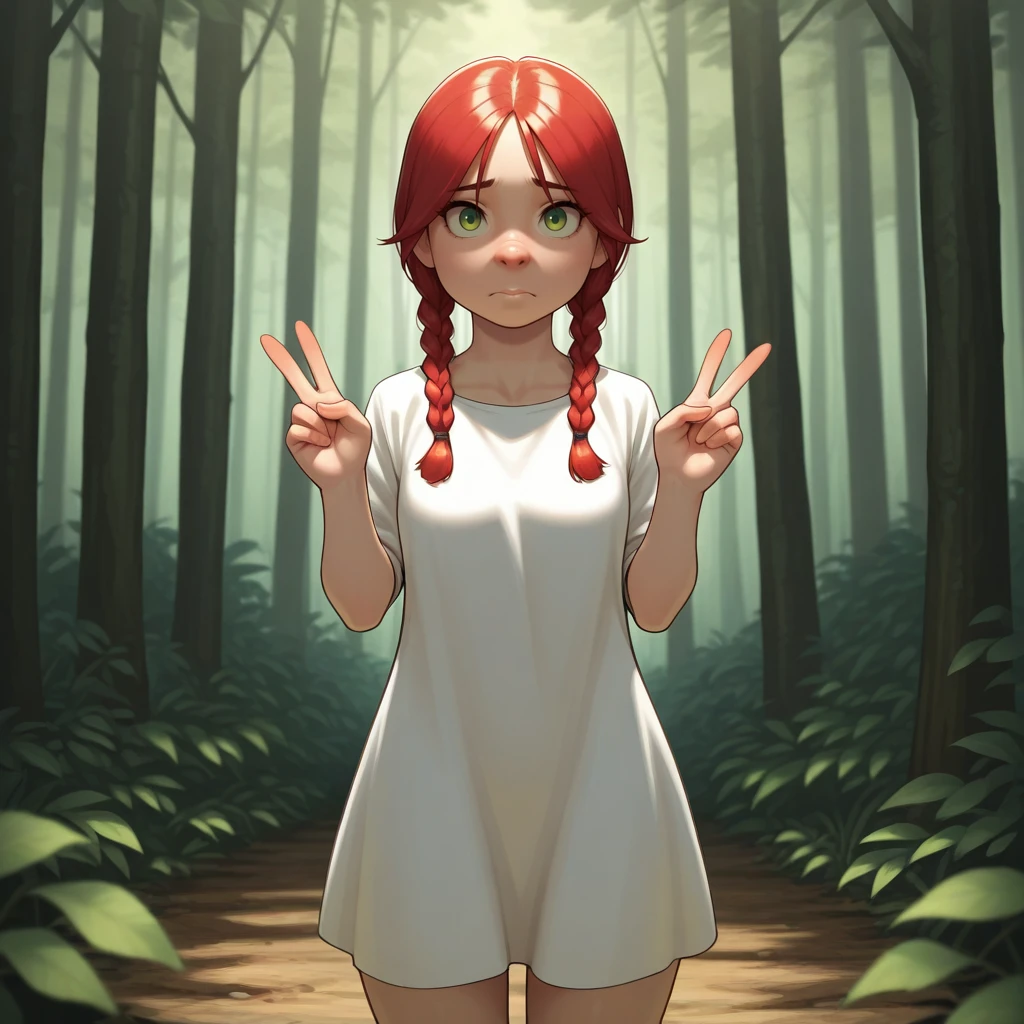 masterpiece, best quality, snubnose, upturned nose, 1girl, solo, red hair, twin braids, green eyes, white dress, cowboy shot, double v, <lora:SnubNose_illustrious_Leaf3-000010:1>, looking at viewer, forest,