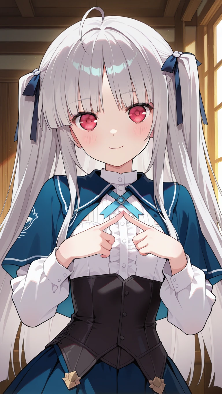 (masterpiece),best quality,amazing quality,very aesthetic,absurdres,newest,perfect body,shiny skin,perfect eyes,detail1eye,well-defined fingers,well-defined fingernails,anime style,indoors,1girl,solo,upper body,(portrait:1.5),looking at viewer,facing viewer,smile,blush,(petite:1.2),Julie Sigtuna,ahoge,very long hair,grey hair,black hair ribbon,two side up,sidelocks,blunt bangs,fuchsia eyes,blue capelet,neck ribbon,blue ribbon,white shirt,center frills,long sleeves,black corset,buttons,blue skirt,pleated skirt,frills,<lora:Julie Sigtuna(ad)-Illus:2.6>,