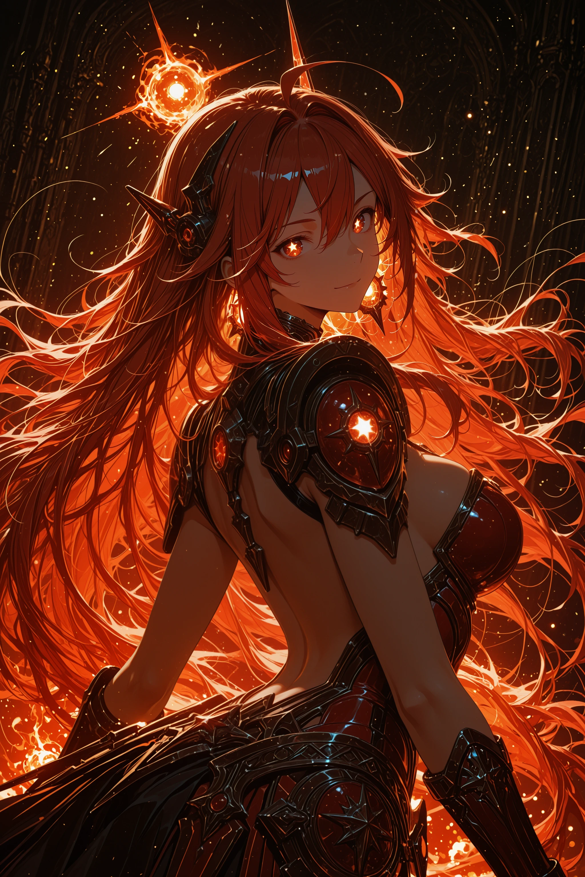 ,1girl, Masterpiece, amazing quality, 8k, ultra detailed, refined details, high resolution, HD, masterwork, dynamic pose, dynamic angle, solo, mavdef, star-shaped pupils, red eyes, large breasts, red hair, long hair, ahoge, cinematic composition, ultra-detailed, high contrast, backlighting, bokeh, volumetric lighting, from side, upper body, dark background, breasts, bare back, star \(symbol\), looking at viewer, symbol-shaped pupils, depth of field, light smile, hair intakes, shard, very long hair, fireball, floating hair, headgear, chromatic aberration, looking to the side, red theme, glowing, artist logo, faulds, bare arms, blurry, armor, arched back, floating clothes, closed mouth, glowing headgear, power suit, eyebrows hidden by hair, absurdres, best quality, newest, very aesthetic, very aesthetic