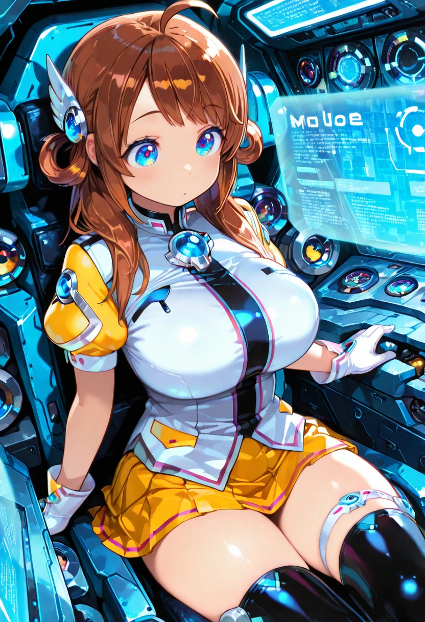 1girl, solo, leahs_moe, brown hair, swept bangs, ahoge, hair rings, low twintail hair, wing_hair_ornament, blue eyes, blue brooch, moe_uniform, puffy short sleeves, white gloves, thigh strap, black thighhigh, yellow_pleated_mini_skirt, large breast, in cockpit, sitting, science fiction, hologram motinors, led lights, highres,  masterpiece, best quality, amazing quality, very awa, very aesthetic, , <lora:Illust\edit\new\leahs_moe_v1-000007.safetensors:1.0:1.0>