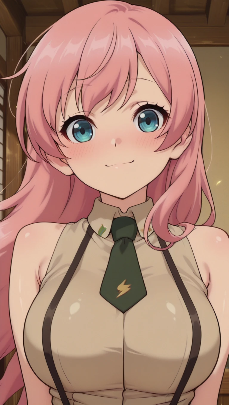 (masterpiece),best quality,amazing quality,very aesthetic,absurdres,newest,perfect body,shiny skin,perfect eyes,detail1eye,well-defined fingers,well-defined fingernails,anime style,indoors,1girl,solo,upper body,(portrait:1.5),looking at viewer,facing viewer,smile,blush,The Hidden Dungeon Only I Can Enter anime style,Novice female,Novice female uniform,very long hair,pink hair,floating hair,bangs,blue eyes,collared shirt,sleeveless shirt,beige shirt,large breasts,dark green necktie,bare arms,fingerless gloves,suspenders,<lora:TNT-Novice female(tnt)-Illus:1.6>,<lora:The Hidden Dungeon Only I Can Enter anime[style]-Illus:2.4>,