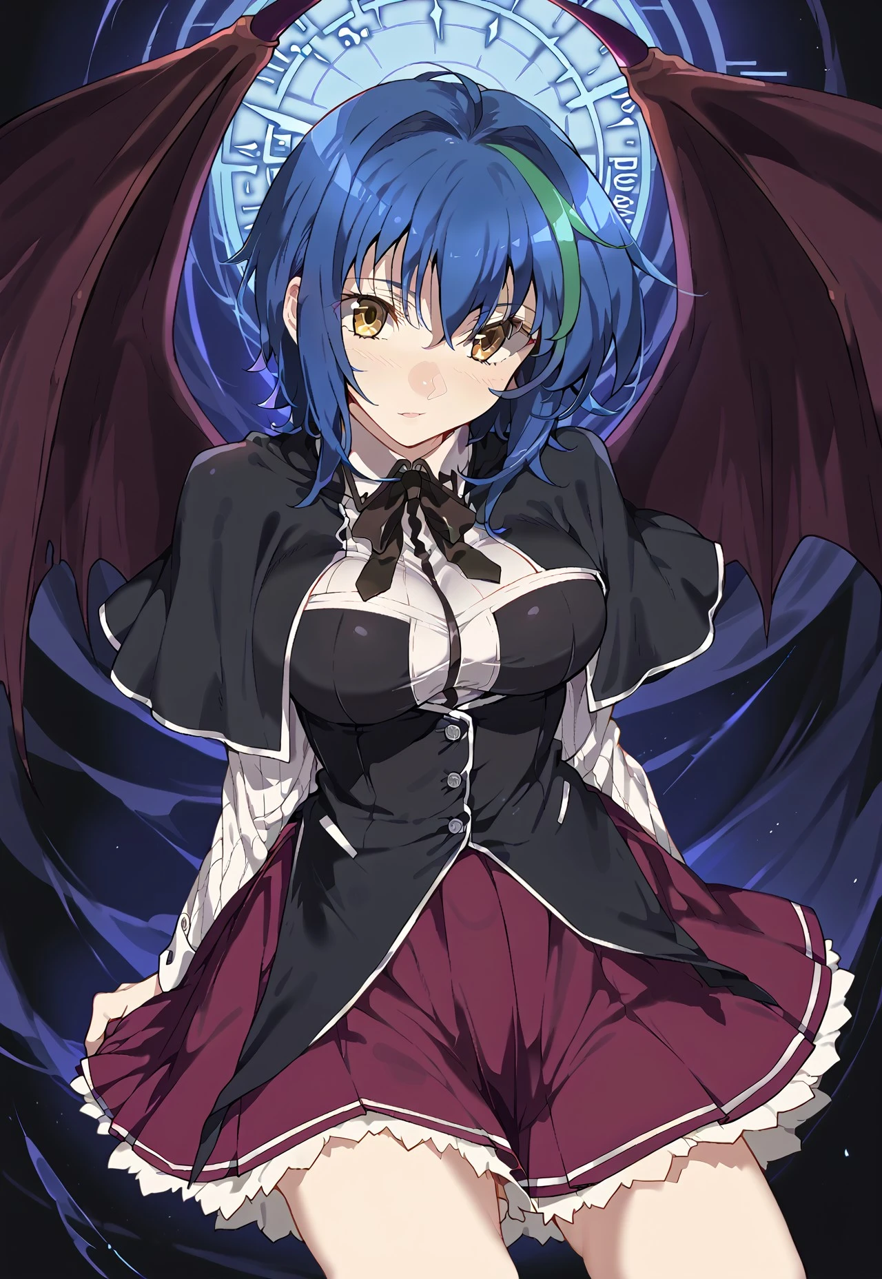 score_9, score_8_up, score_7_up,zPDXL3 ,Nagioka_Style, Expressiveh, source_anime, masterpiece, very aesthetic, absurdres, sinfully stylish, dramatic lighting, soft light, long shadows, detailed, ultra-detailed, masterpiece, very aesthetic, absurdres, perfect quality, absolutely eye-catching, best quality, intricate details, high-res,anime,Haoni_Style, anime, 1girl, solo, yellow eyes, blue hair, green streaked hair, multicolored hair, short hair, bat wings, kuohacademy, school uniform, black capelet, white shirt, black ribbon, neck ribbon, long sleeves, corset, red skirt, pleated skirt,