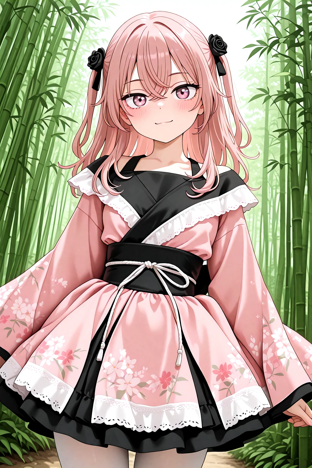 masterpiece, best quality, amazing quality, 1girl, solo, makeup, general, cowboy shot, looking at viewer, blush, dramatic angle, smile, bamboo forest, sky, outdoors, (posing), <lora:sajuna-inui-s1-illustriousxl-lora-nochekaiser:0.8>, sajuna inui, inui sajuna, long hair, bangs, hair ornament, hair between eyes, pink hair, pink eyes, two side up, crossed bangs, hair flower, black rose, mature female, small breasts, <lora:Kimono_Style_Dress:1>, Kimono_Style_Dress, cosplay, dress, japanese clothes, wide sleeves, short kimono, floral print, ribbon, long sleeves, hair ribbon, sash, obi, pink dress, white pantyhose, <lora:wai-A3-V140:1>, <lora:illustrious_noobai_epsilon_pred_1_masterpieces_v1:1>