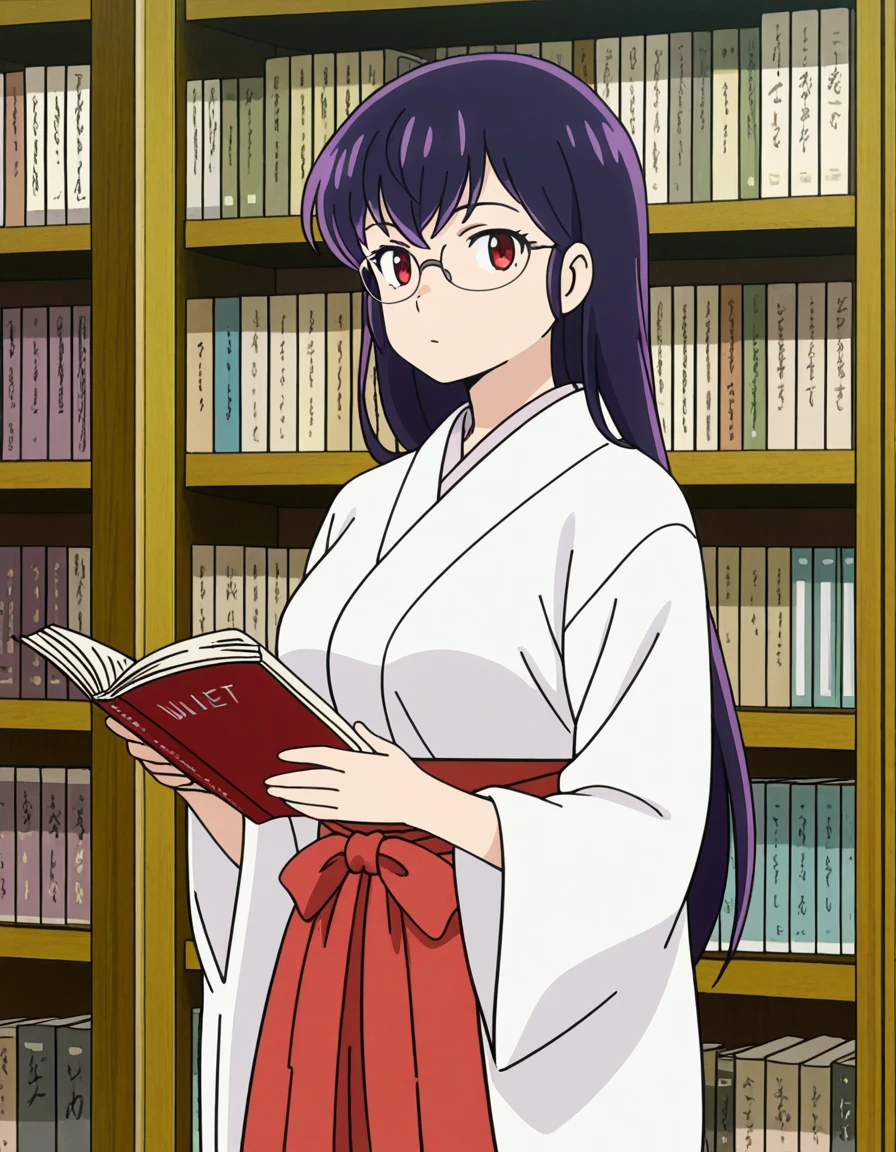 masterpiece, best quality, amazing quality,, <lora:urusei-yatsura-sakura-s1-illustriousxl-lora-nochekaiser:1>, sakura, long hair, purple hair, red eyes, mature female, medium breasts, anime screencap, skirt, japanese clothes, wide sleeves, kimono, hakama, hakama skirt, white kimono, miko, red hakama,, v,, library, reading books, glasses, quiet, focused, shelves of books, cowboy shot, solo, looking at viewer,