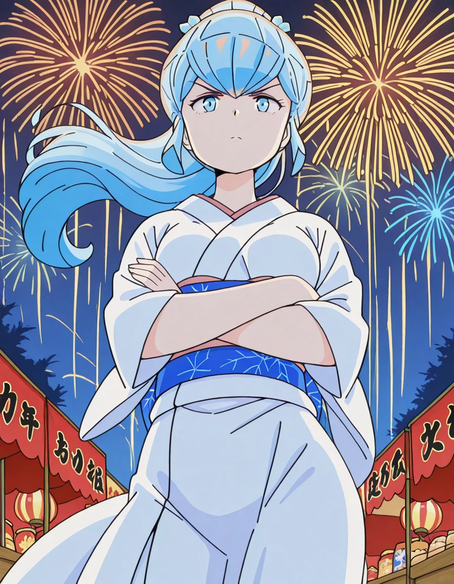 masterpiece, best quality, amazing quality,, <lora:urusei-yatsura-oyuki-s1-illustriousxl-lora-nochekaiser:1>, oyuki, long hair, blue eyes, blue hair, ponytail, mature female, small breasts, anime screencap, japanese clothes, kimono, sash, white kimono, obi,, <lora:gunbuster-pose-illustriousxl-lora-nochekaiser:1>, gunbuster pose, solo, looking at viewer, closed mouth, v-shaped eyebrows, crossed arms, wind, wind lift, cowboy shot,, festival, fireworks, summer night, food stall, traditional, arms up, cowboy shot, solo, looking at viewer,