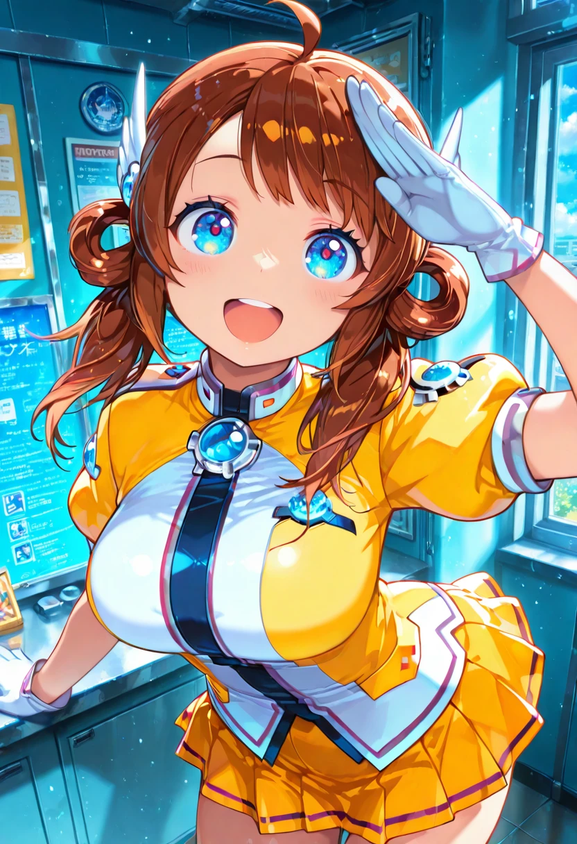 1girl, solo, leahs_moe, brown hair, swept bangs, ahoge, hair rings, low twintail hair, wing_hair_ornament, blue eyes, blue brooch, moe_uniform, puffy short sleeves, white gloves, yellow_pleated_mini_skirt, salute, happy, open mouth, highres,  masterpiece, best quality, amazing quality, very awa, very aesthetic, , <lora:Illust\edit\new\leahs_moe_v1-000007.safetensors:1.0:1.0>