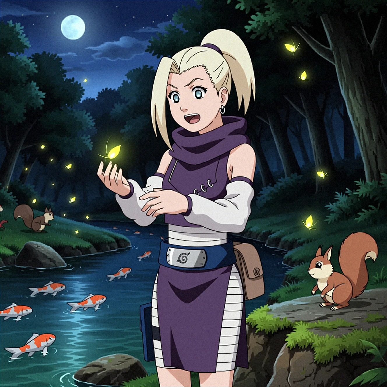 This meticulously detailed, anime-style illustration depicts Ino Yamanaka, standing near a gentle moving creek outdoors in dim light, in the background is a magical forest lit by moonlight. There are a scurry of Squirrel, swarm of fireflies, school of koi fish. Her ponytail is kept shoulder length. She is dressed in her signature purple outfit, small silver hoop earrings, high-collared purple blouse with three small silver hoop rings attached to the right, purple skirt, white arm warmers, forehead protector with the leaf village symbol from the show naruto worn around her waste as a belt, bandages covering her abdomen and thighs stopping just above the knee, thigh holster on her right leg, brown pouch on her lower back. She is standing up with arms by her side, in a happy awestruck expression, enthralled by the fire fly that landed in her hands. The background is dimly lit, creating a melancholic atmosphere with shadows and highlights that accentuate the contours of her body and the textures of the moss and stone. The moss blends green and brown hues, while the stone slab appears weathered and rough. The image is rich in detail, with realistic textures and a play of light and shadow. After dark, illuminated by artificial light sources or very low natural light. Uses natural colors like browns, greens and ochres for an organic feel. Shows the subject upper body focusing on upper torso and face within a broad view of the environment; emphasizes location and spatial relationships. Camera tilted off-axis to create a sense of unease or tension. Places the subjects upper torso directly in the middle of the frame for emphasis. Uses a focal length around 50mm to approximate human perspective. anime screenshot,