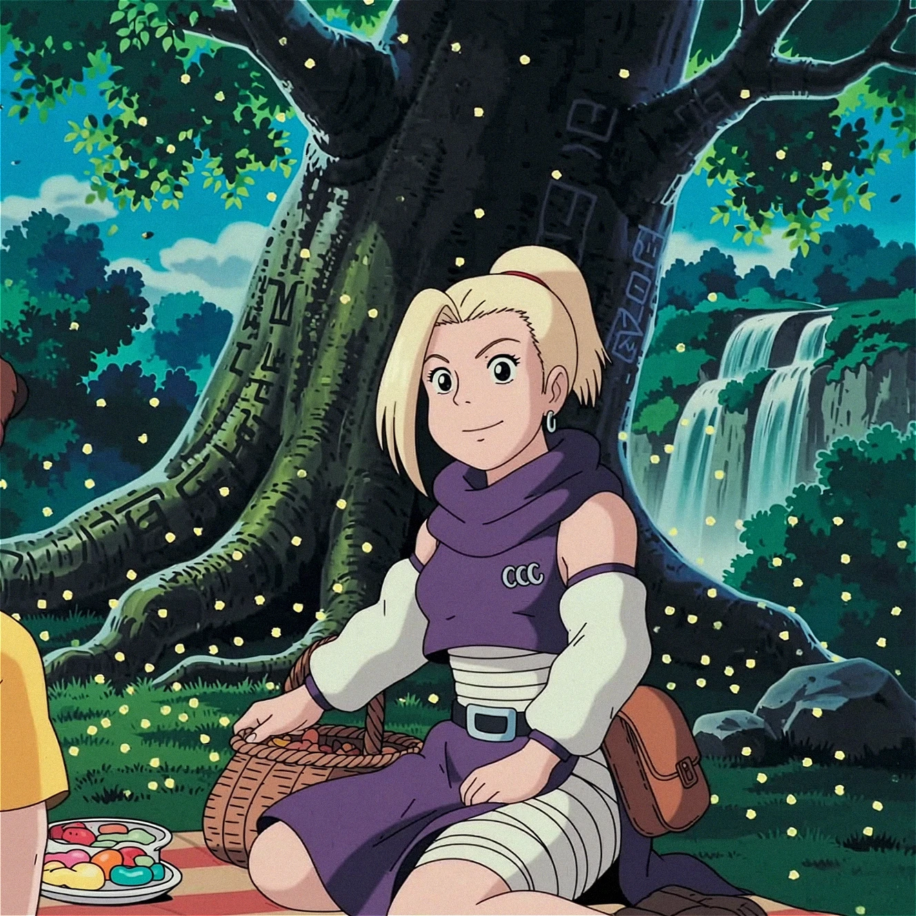 This meticulously detailed, ghibli anime style illustration anime screenshot depicts Ino Yamanaka, solo, 1girl aqua eyes. Her ponytail is kept shoulder length. She is dressed in her signature purple outfit, small silver hoop earrings, high-collared purple blouse with three small silver hoop rings attached to the right, purple skirt, white arm warmers, belt, bandages covering her abdomen and thighs stopping just above the knee, thigh holster on her right leg, brown pouch on her lower back. is having a pick nick underneath an immense ancient tree rising higher than the mountains, its glowing roots spreading like rivers of light across the landscape. The bark is etched with luminous runes, and countless fireflies swirl around its base, casting a golden glow on the lush forest floor. The canopy is so vast it disappears into the clouds, its leaves shimmering like emeralds in the moonlight. stars, fire flies, rainbow