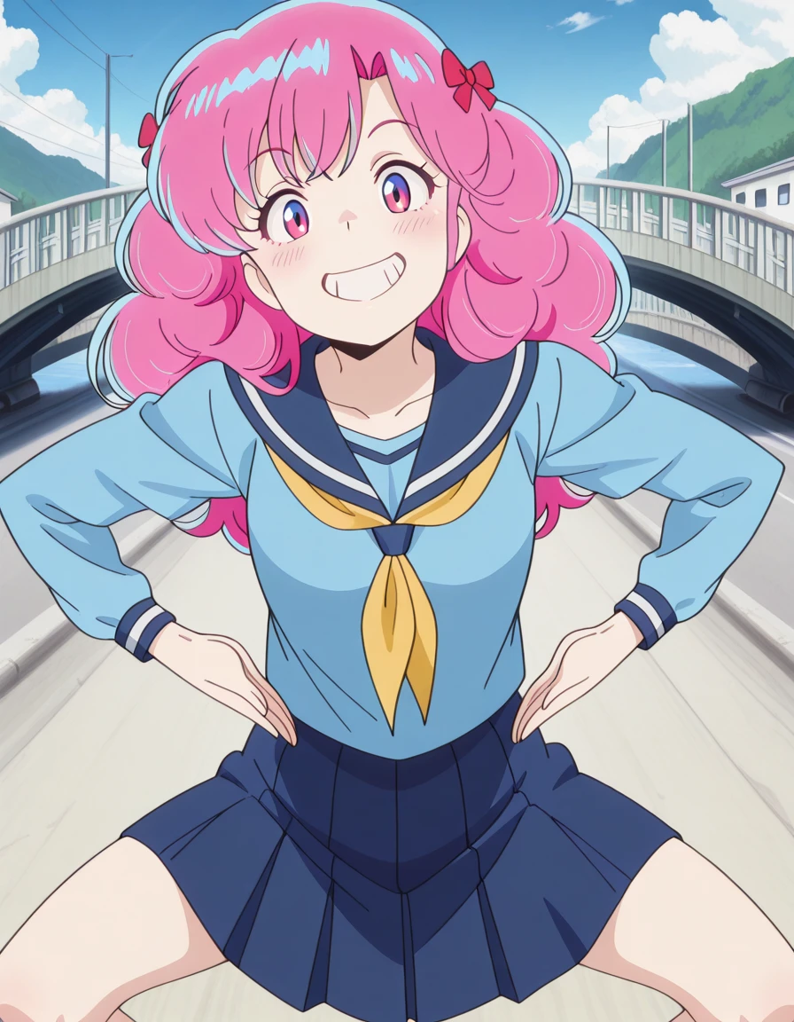 masterpiece, best quality, amazing quality,, <lora:urusei-yatsura-ran-s1-illustriousxl-lora-nochekaiser:1>, ran, long hair, bangs, pink hair, bow, hair bow, red bow, pink eyes, mature female, small , anime screencap, shirt, long sleeves, serafuku, sailor collar, neckerchief, yellow neckerchief, shirt, blue shirt, blue sailor collar, blue skirt,, <lora:haigure-pose-illustriousxl-lora-nochekaiser:1>, haigure pose, solo, looking at viewer, blush, smile, , grin, squatting, chop,, bridge, connection, water, road, cars, cowboy shot, solo, looking at viewer,