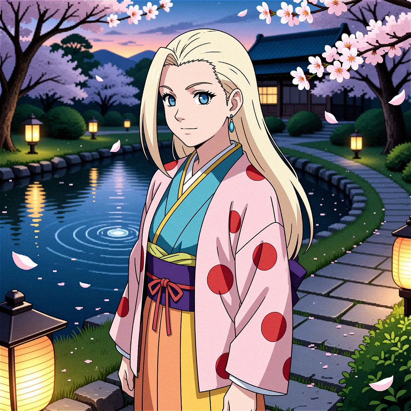This meticulously detailed, upper body side profile from above anime-style illustration focusing on upper torso and face within a broad view of the environment; Ino Yamanaka, standing in a serene Japanese garden at dusk, bathed in the soft glow of lanterns and twilight. The background features a tranquil pond with rippling water, surrounded by cherry blossom trees and stone pathways. A gentle breeze rustles the petals, creating a dreamy atmosphere.
Ino is dressed in a jacket-light pink with large, vibrant red polka dots—layered over traditional Japanese kimono with inner garments in shades of blue, yellow, and purple. Beneath the kimono, she wears a long, flowing skirt in warm hues of orange and yellow, accented by a delicate red ribbon tied around her waist. Her blonde hair cascades down her back in loose waves, with soft bangs framing her face. She accessorizes with a pair of elegant blue earrings that complement the cool tones of her outfit.
