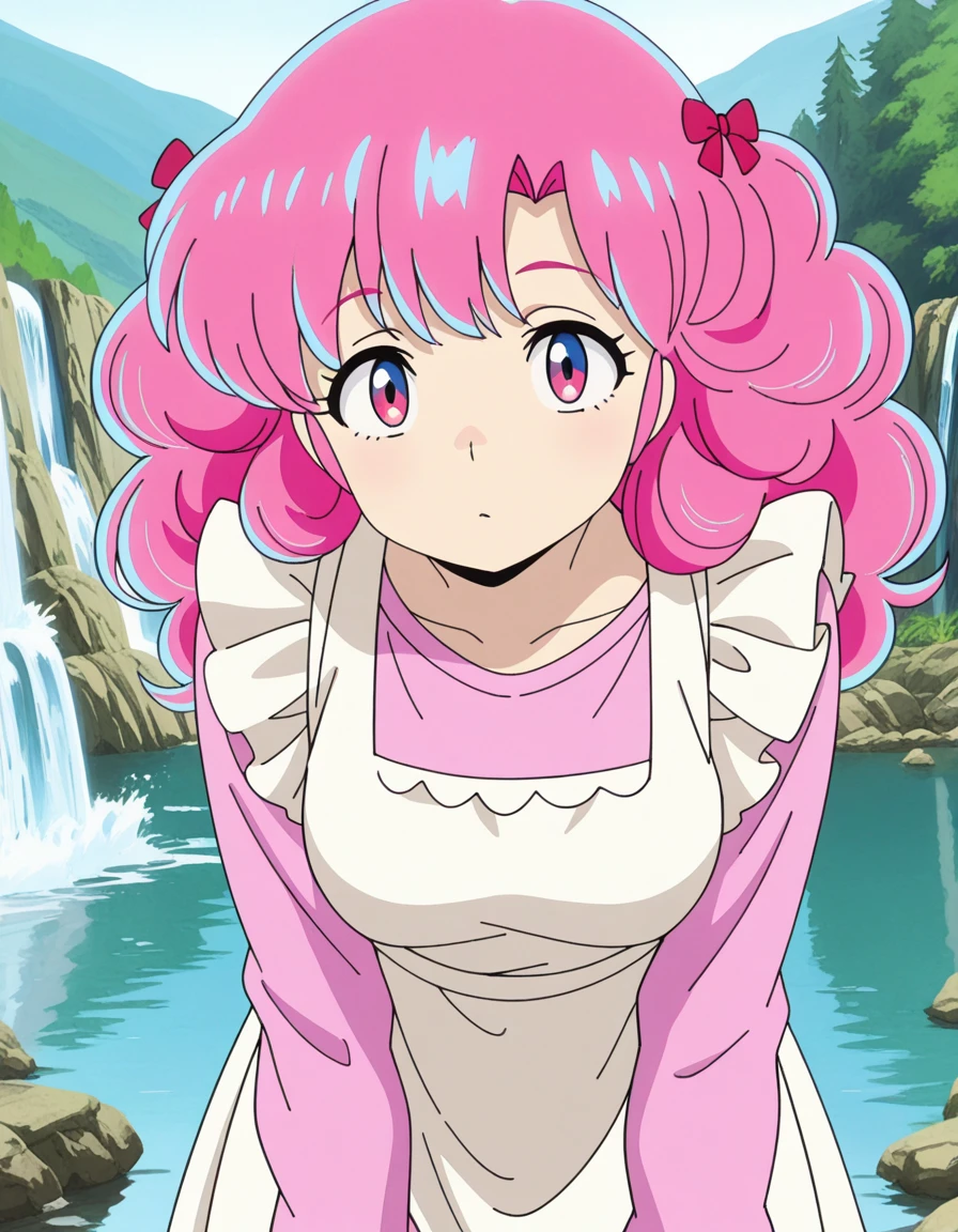 masterpiece, best quality, amazing quality,, <lora:urusei-yatsura-ran-s1-illustriousxl-lora-nochekaiser:1>, ran, long hair, bangs, pink hair, bow, hair bow, red bow, pink eyes, mature female, small , anime screencap, long sleeves, apron, white apron, shirt, pink shirt, frills, long sleeves,, leaning forward,, water, lake, river, waterfall, natural, cowboy shot, solo, looking at viewer,