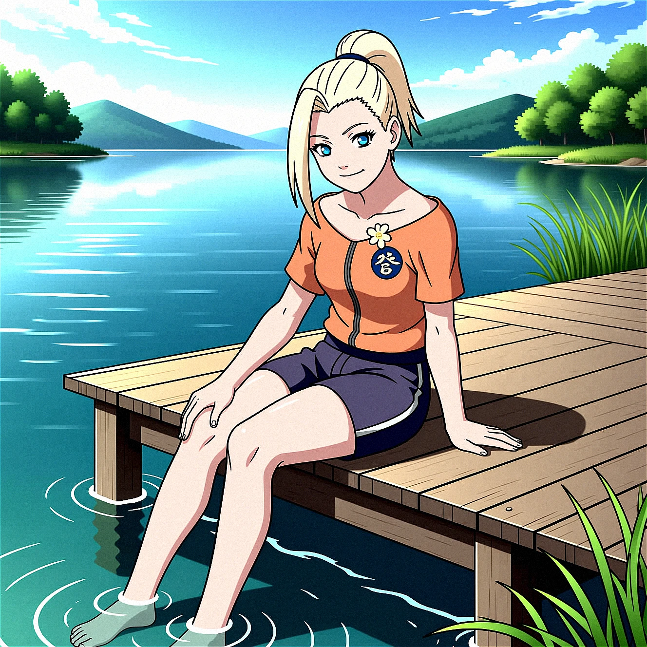 This serene anime-style illustration captures Ino Yamanaka in a moment of relaxation, sitting on the edge of a wooden dock with her feet gently soaking in clear, calm water. She is dressed in an orange short-sleeved top revealing her collarbones adorned with japanese kanji in a blue circle with a white flower—over her heart, paired with dark gray shorts and barefoot. Her blonde hair kept in a short ponytail.
Ino’s posture is relaxed, with one hand resting on the dock beside her and the other lightly touching her knee. Her expression conveys a sense of tranquility and contentment as she enjoys the soothing sensation of the water against her feet. The background features a picturesque lakeside scene, with gentle ripples spreading across the surface of the water and lush greenery framing the dock.
The sky above is clear and bright, casting a warm glow over the scene and highlighting the natural beauty of the surroundings. The overall composition conveys a sense of peace and connection to nature, capturing Ino in a moment of quiet reflection.