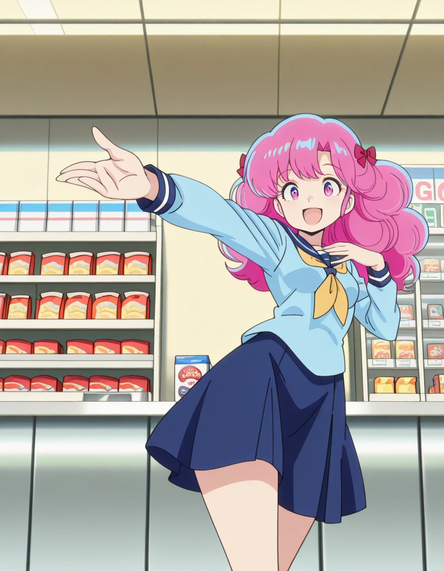 masterpiece, best quality, amazing quality,, <lora:urusei-yatsura-ran-s1-illustriousxl-lora-nochekaiser:1>, ran, long hair, bangs, pink hair, bow, hair bow, red bow, pink eyes, mature female, small breasts, anime screencap, shirt, long sleeves, serafuku, sailor collar, neckerchief, yellow neckerchief, shirt, blue shirt, blue sailor collar, blue skirt,, <lora:curebeauty-pose-illustriousxl-lora-nochekaiser:1>, curebeauty pose, solo, smile, open mouth, standing, :d, outstretched arm, hands up,, convenience store, snacks, shelves, counter, quick, cowboy shot, solo, looking at viewer,