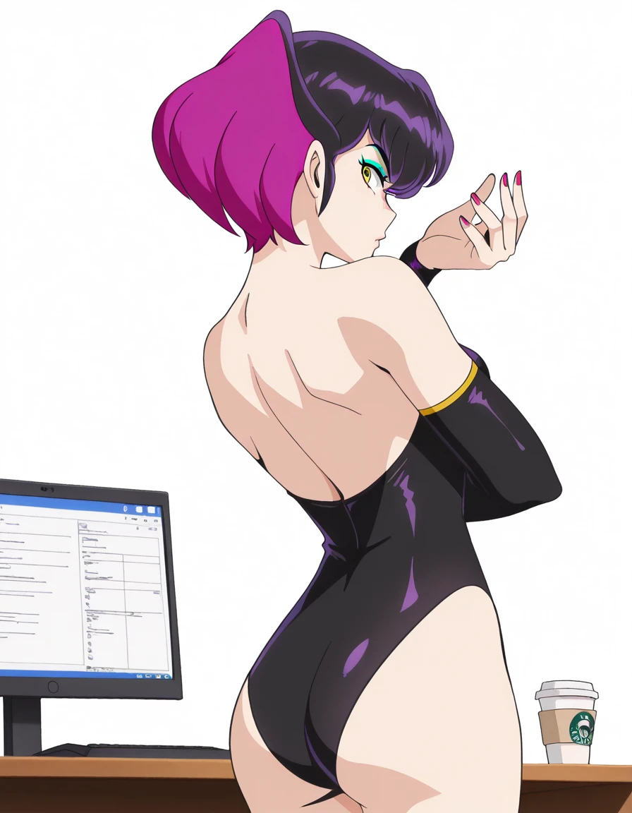 masterpiece, best quality, amazing quality,, <lora:urusei-yatsura-kurama-s1s2-illustriousxl-lora-nochekaiser:1>, kurama, short hair, black hair, yellow eyes, purple hair, multicolored hair, makeup, eyeshadow, mature female, small breasts, anime screencap, gloves, navel, elbow gloves, nail polish, leotard, black leotard, red nails, single glove, collarbone, bare shoulders,, <lora:dio-brandos-pose-illustriousxl-lora-nochekaiser:1>, dio brandos pose, dio brando's pose (jojo), from behind, jojo pose, standing, cowboy shot, home office, working from home, computer screen, coffee cup, focus, deadline, cowboy shot, solo, looking at viewer, <lora:transparent-background-illustriousxl-lora-nochekaiser:1>, transparent background, simple background, white background